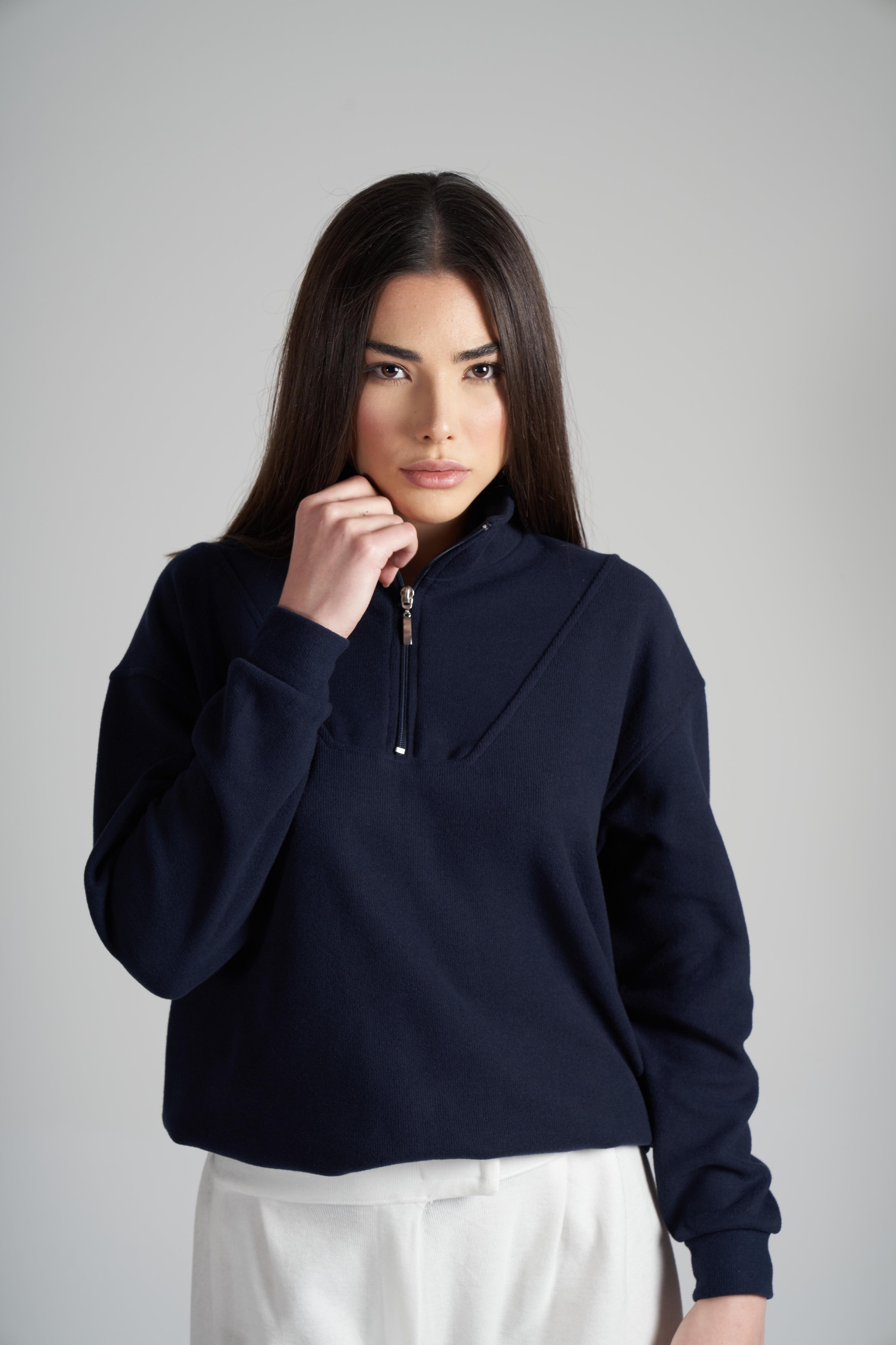 Yarım Fermuar Triko Sweatshirt Koyu Lacivert