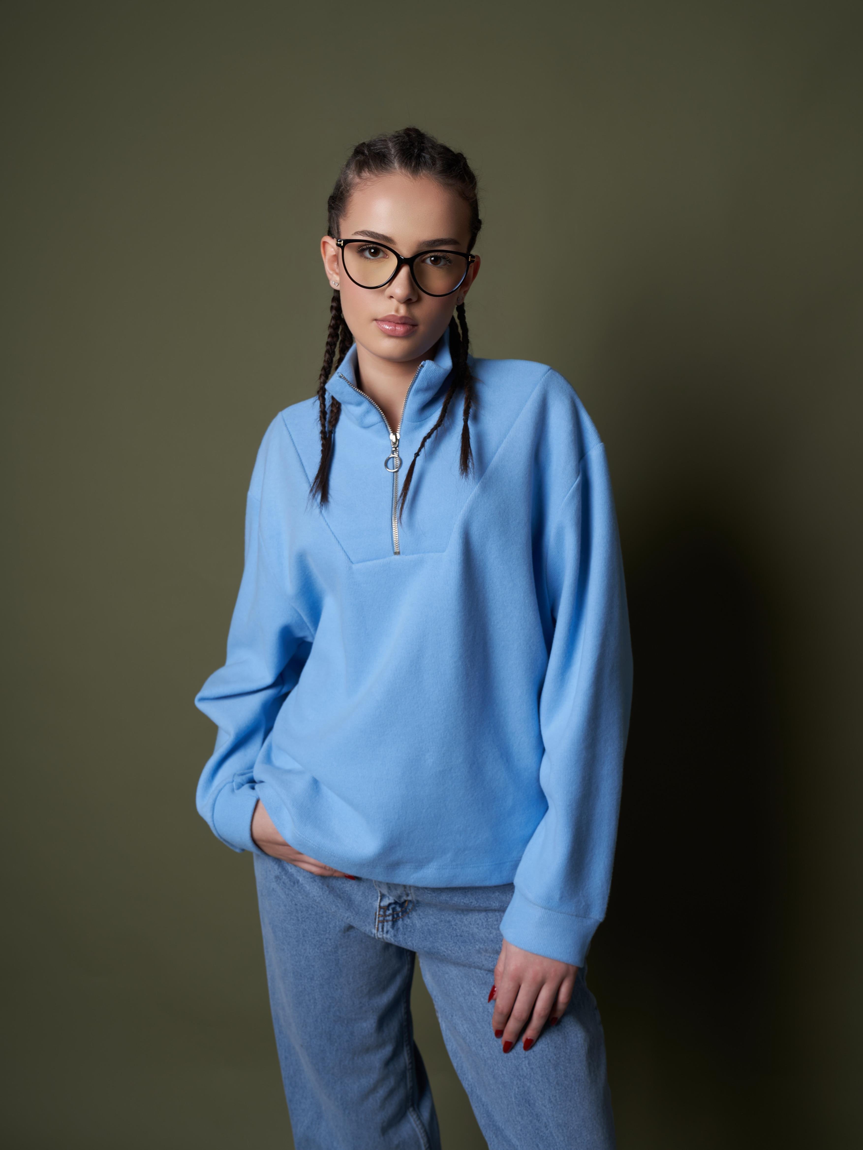 Yarım Fermuar Triko Sweatshirt Mavi