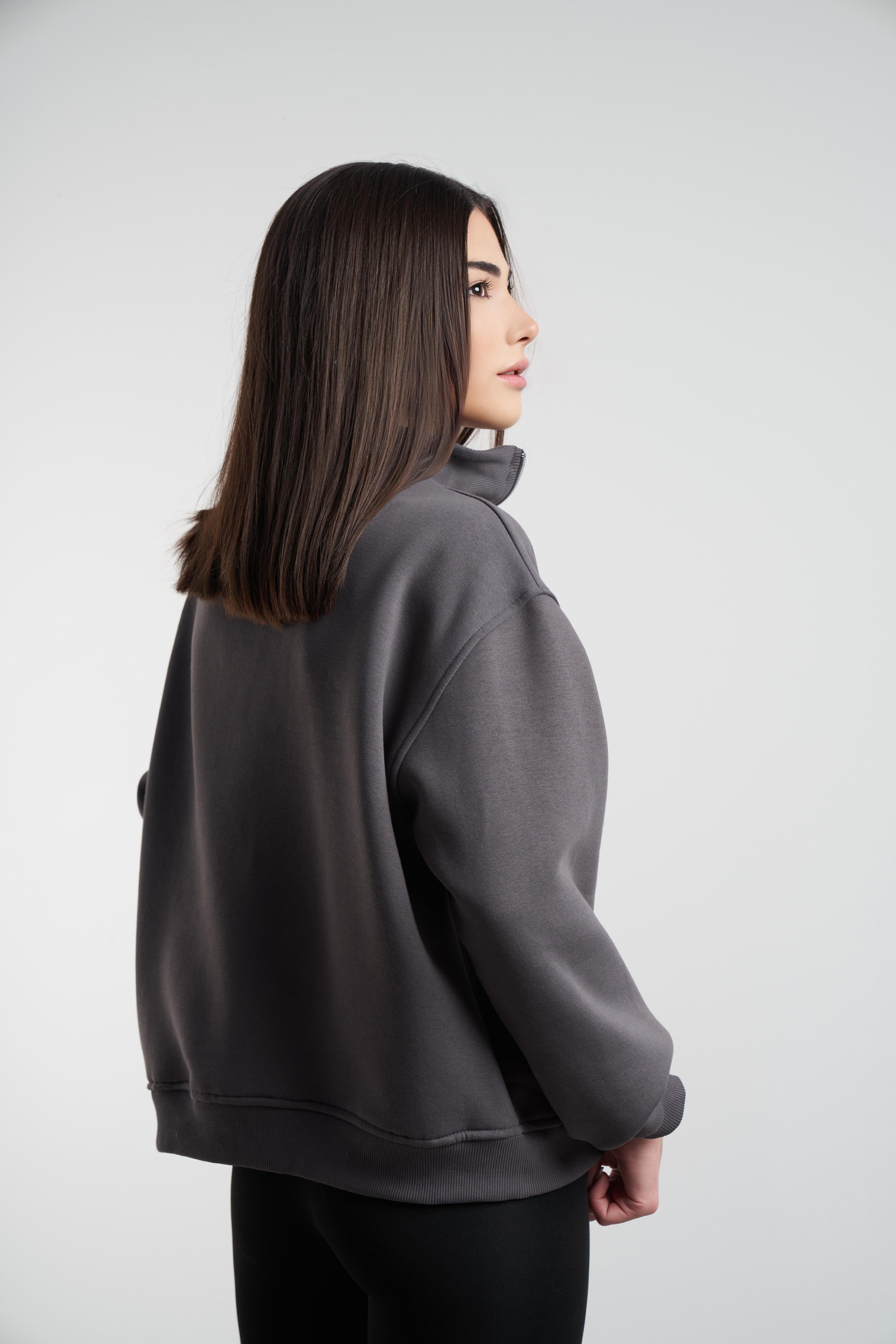 Yarım Fermuarlı Şardonlu Sweatshirt Koyu Gri