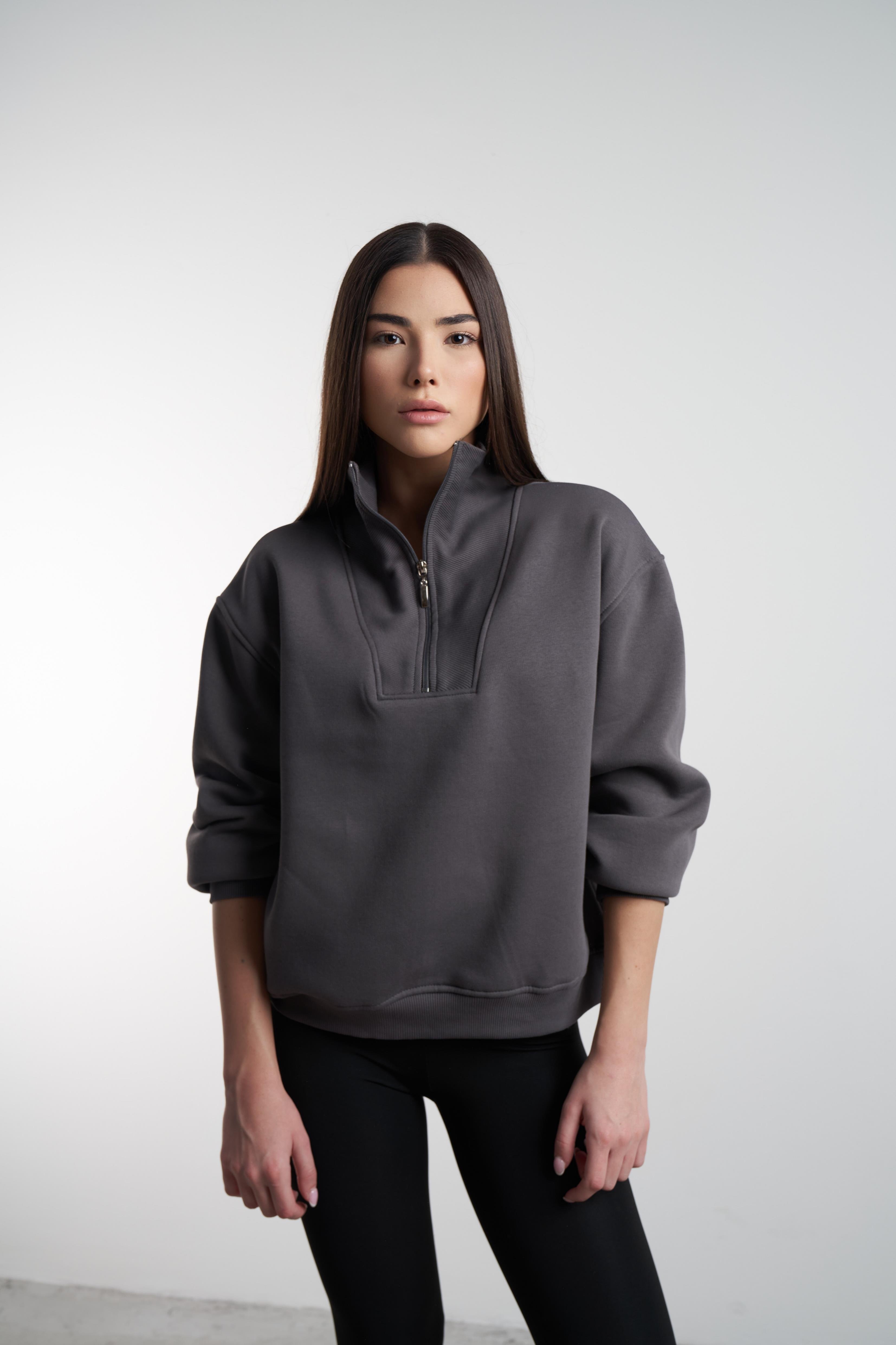 Yarım Fermuarlı Şardonlu Sweatshirt Koyu Gri