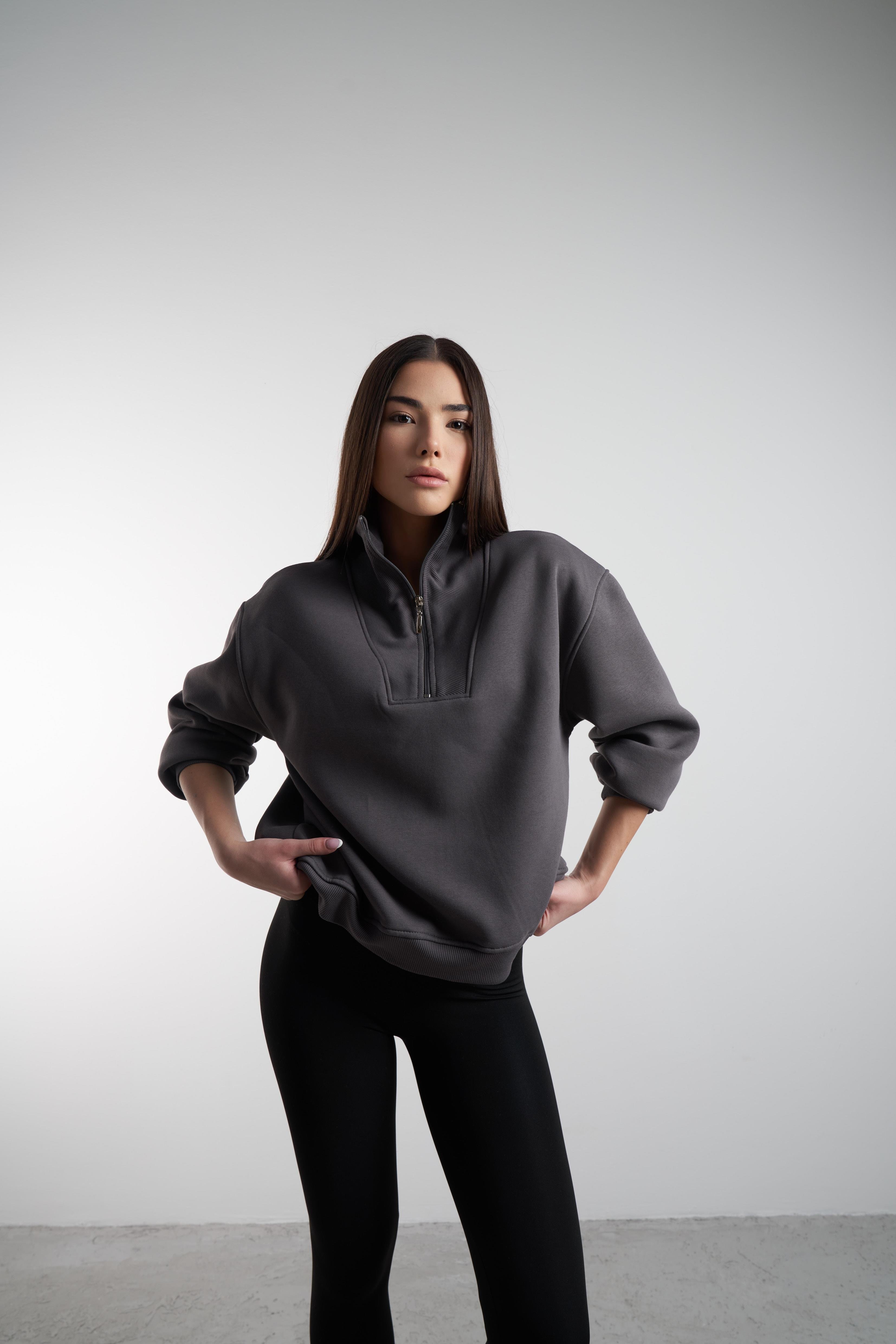 Yarım Fermuarlı Şardonlu Sweatshirt Koyu Gri