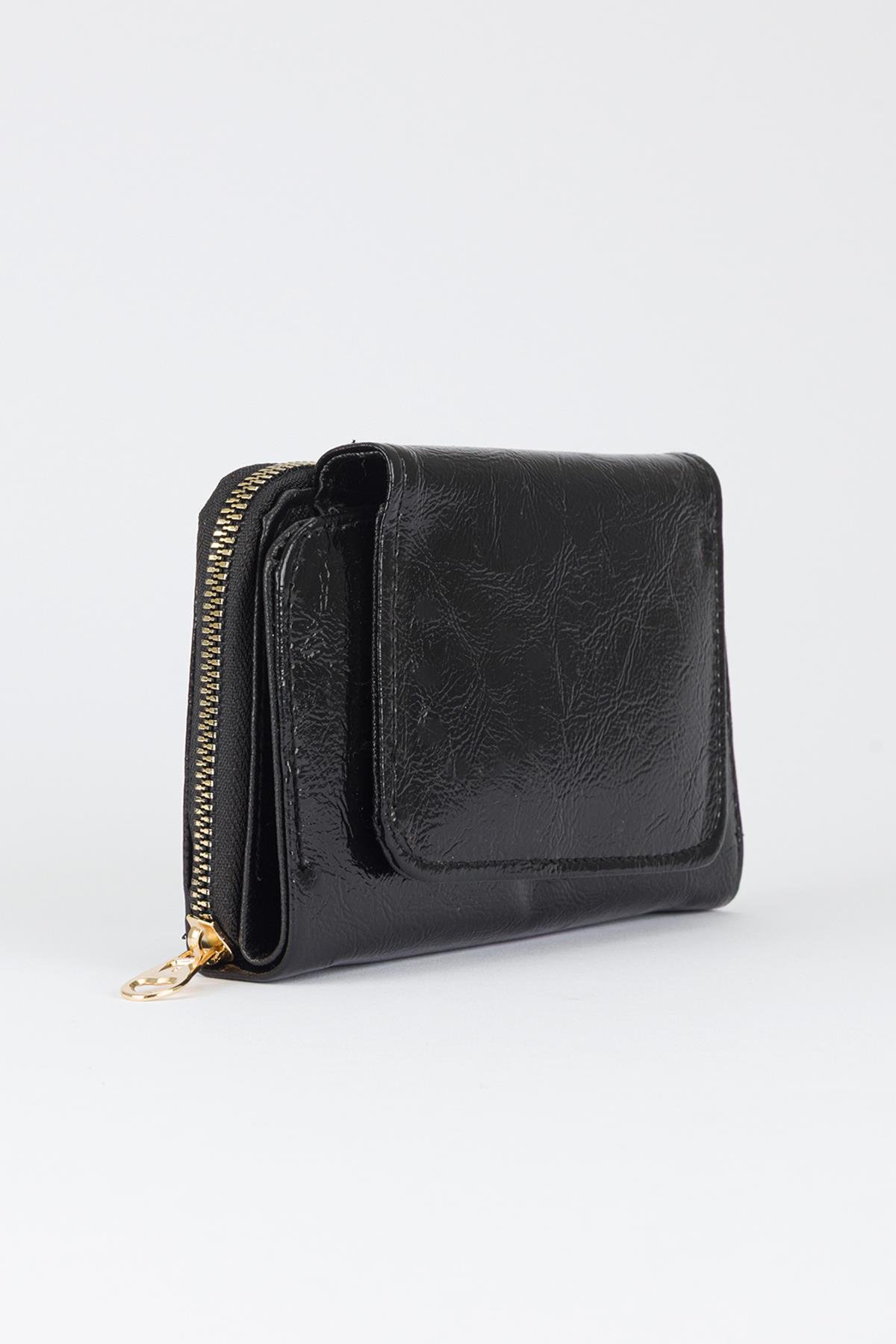 Yarım Kapaklı Parlak Suni Deri Cüzdan Siyah