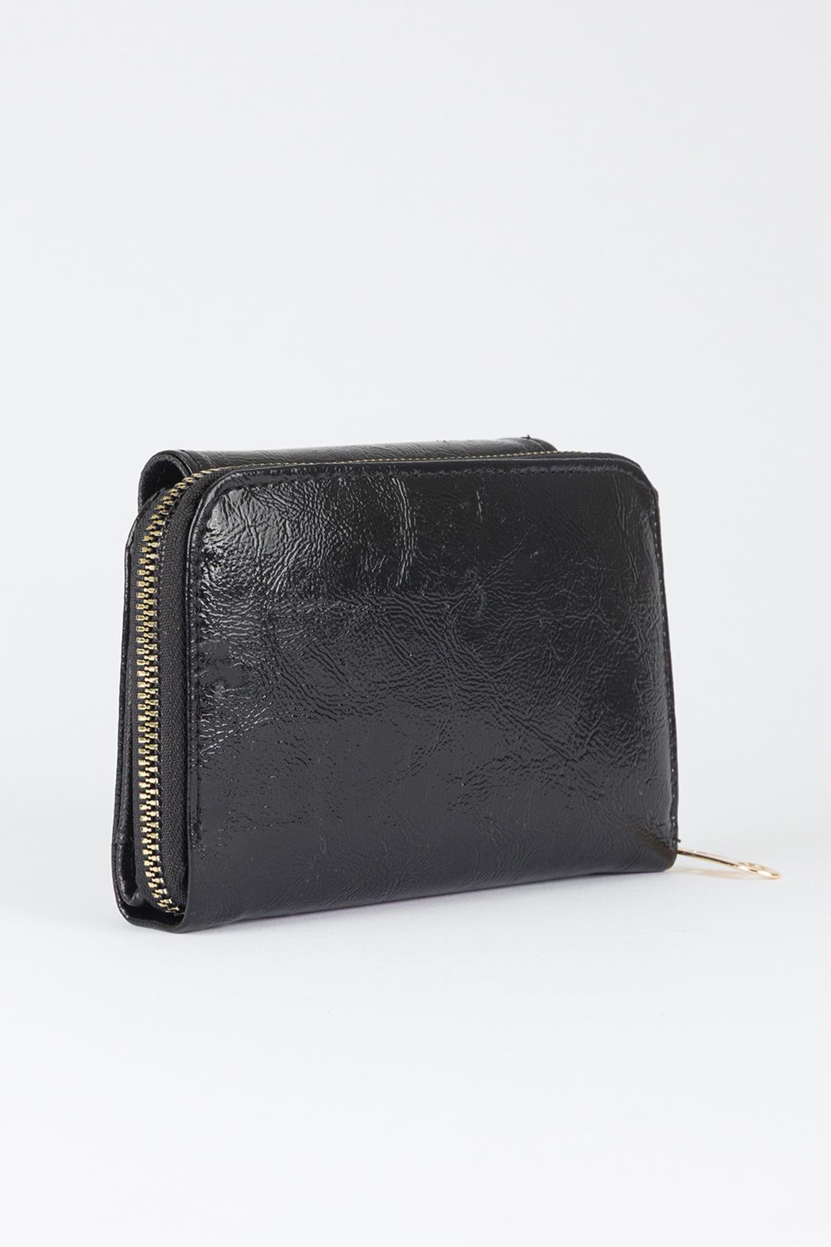 Yarım Kapaklı Parlak Suni Deri Cüzdan Siyah