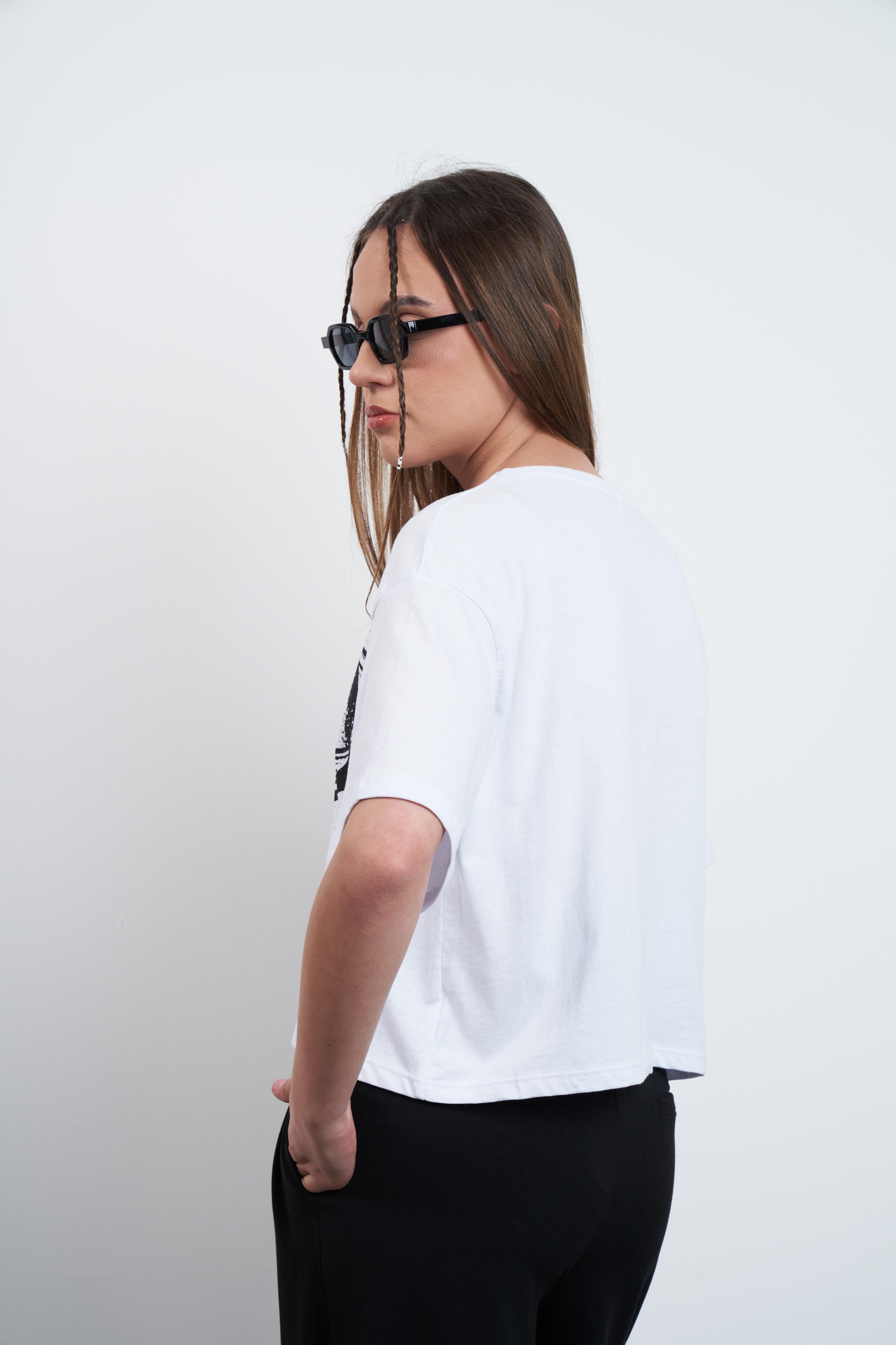 Yarış Pisti ve Araba Baskılı Kısa T-shirt Beyaz