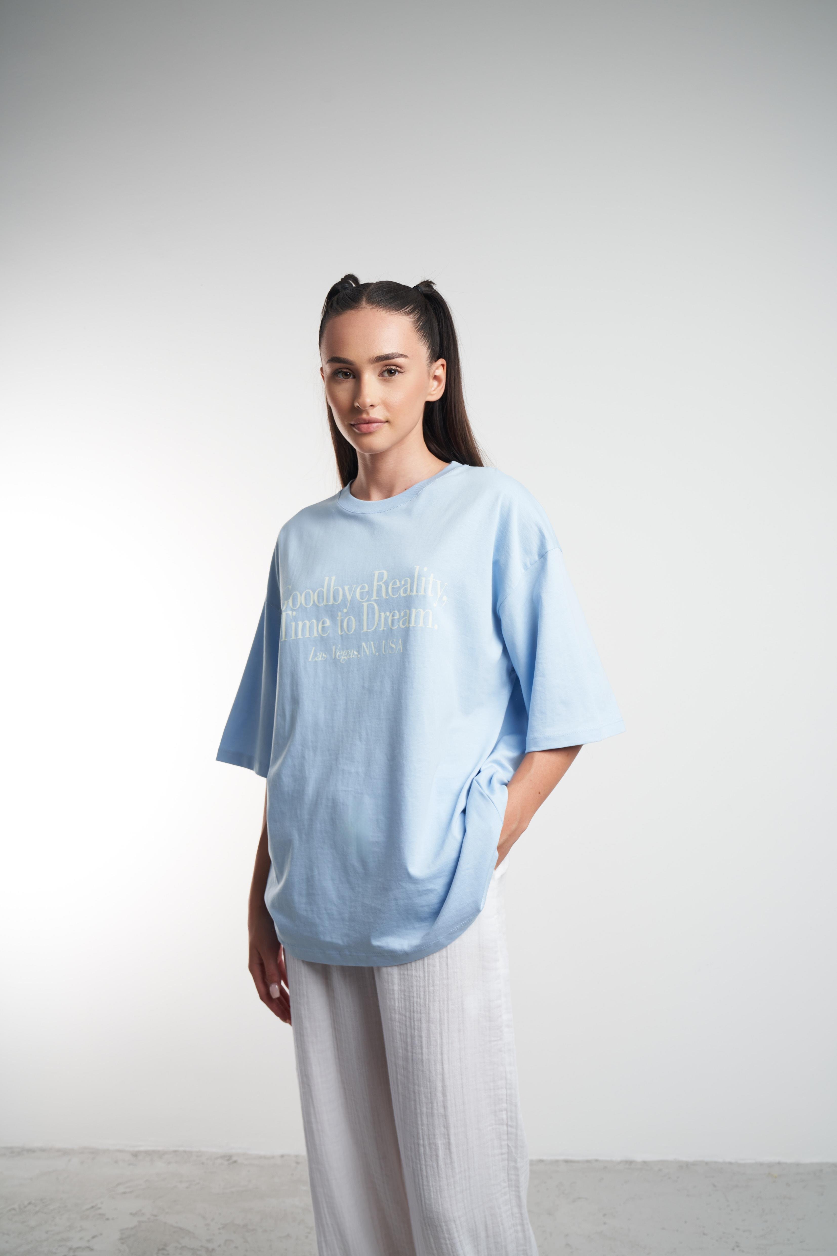 Yazı Baskılı Oversize Kısa Kol T-shirt Bebe Mavi