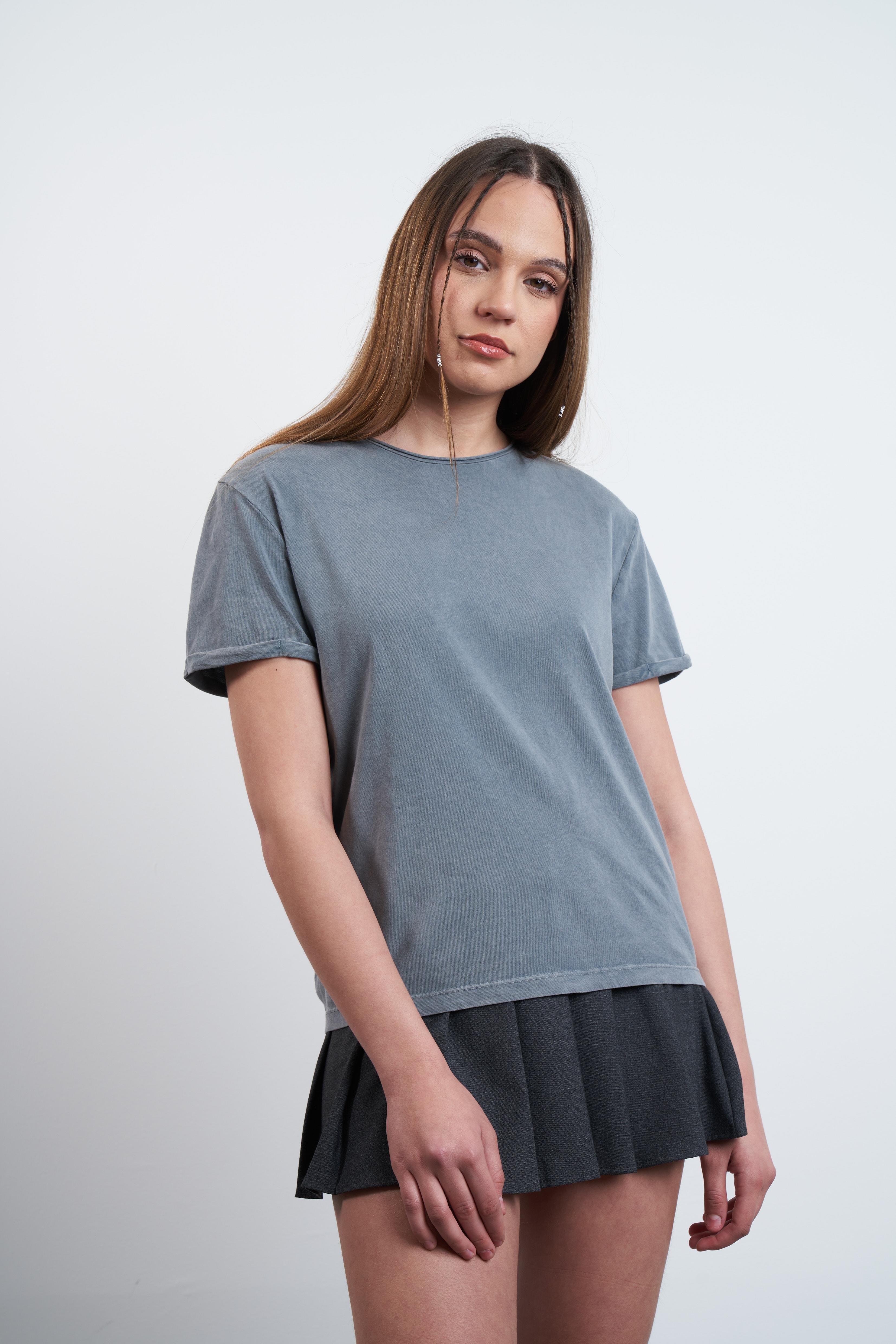 Yıkama Detaylı Basic Kısa T-shirt Gri