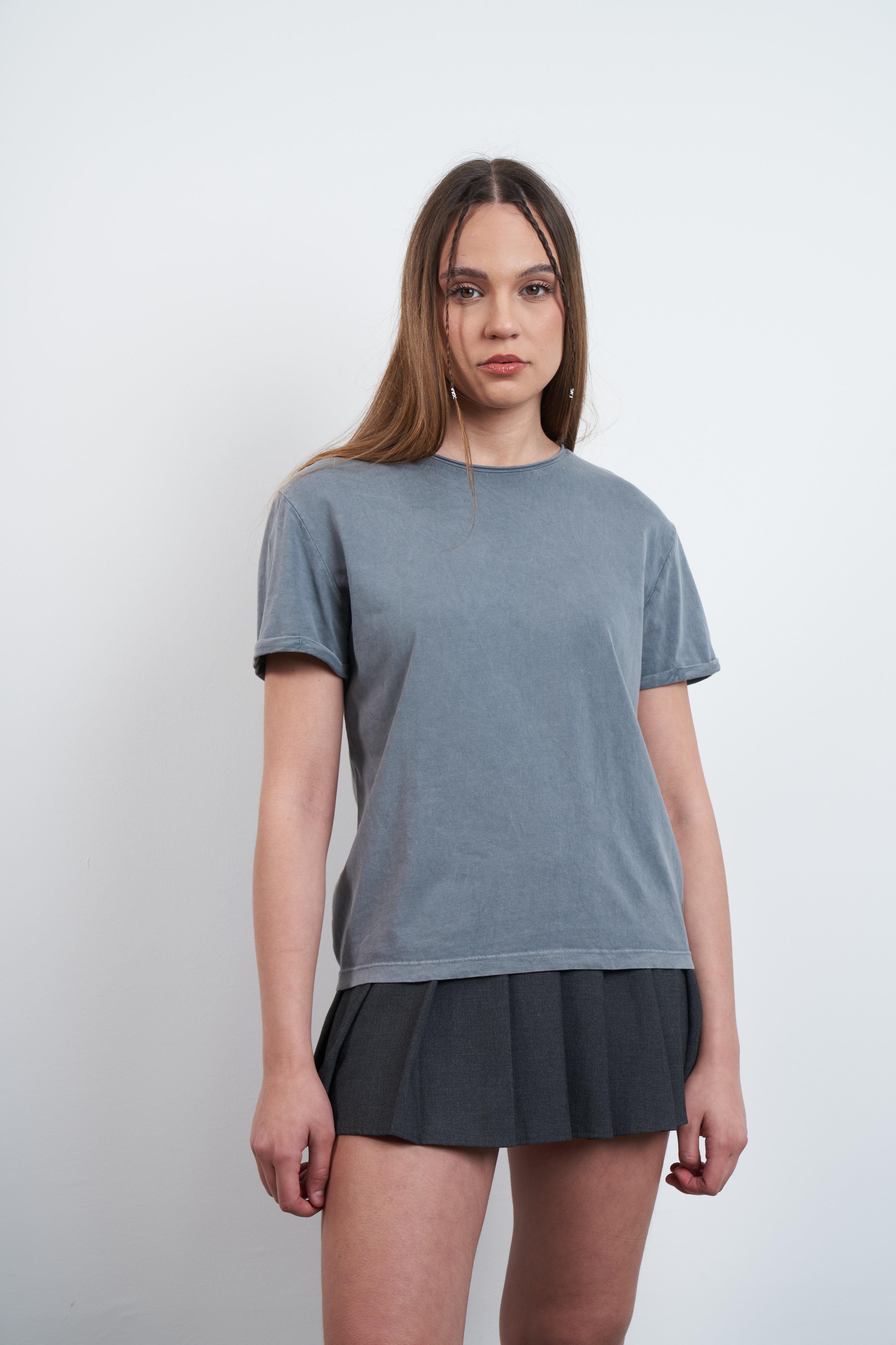 Yıkama Detaylı Basic Kısa T-shirt Gri