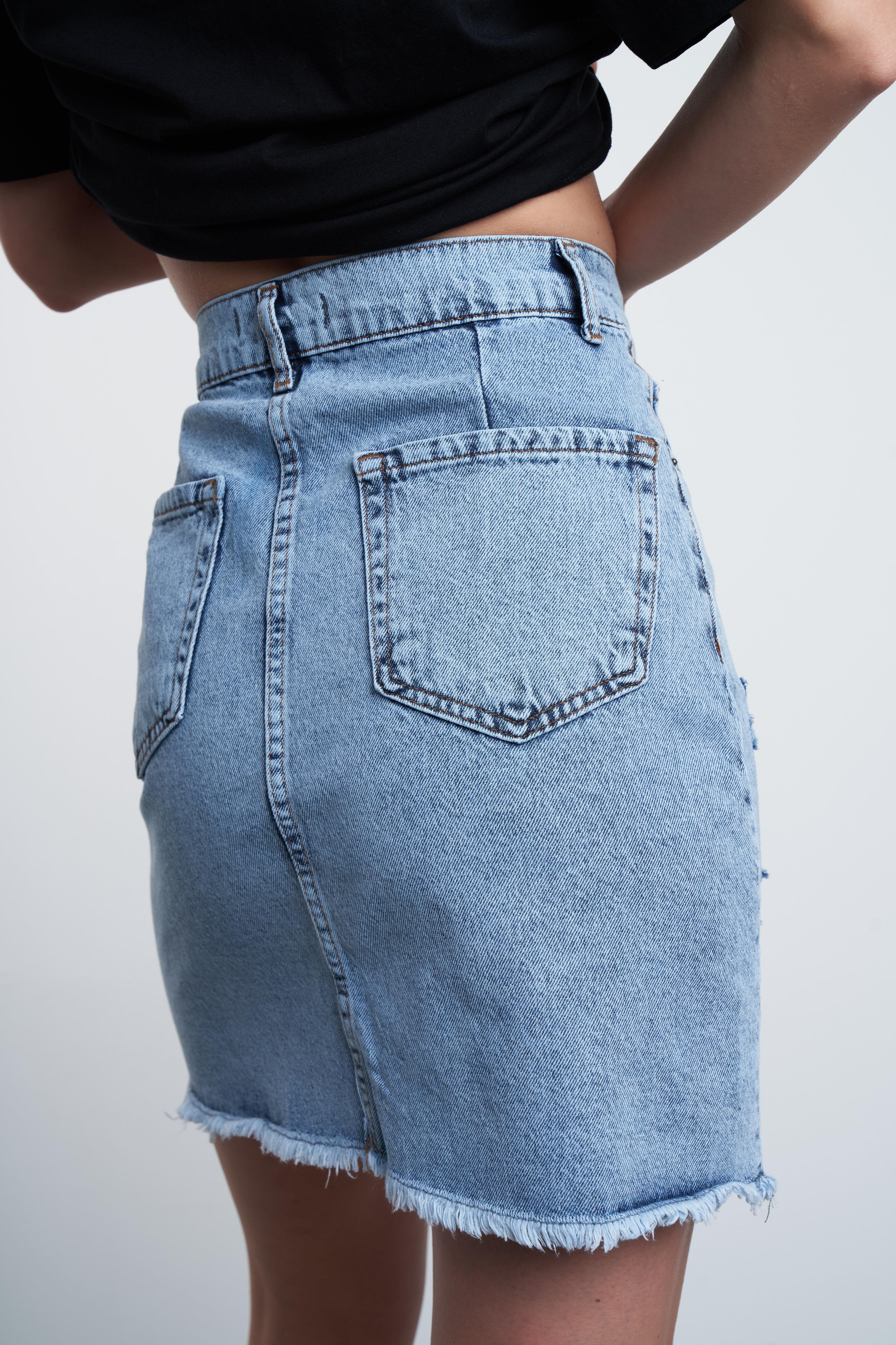Yırtık Detaylı Mini Jean Etek Mavi