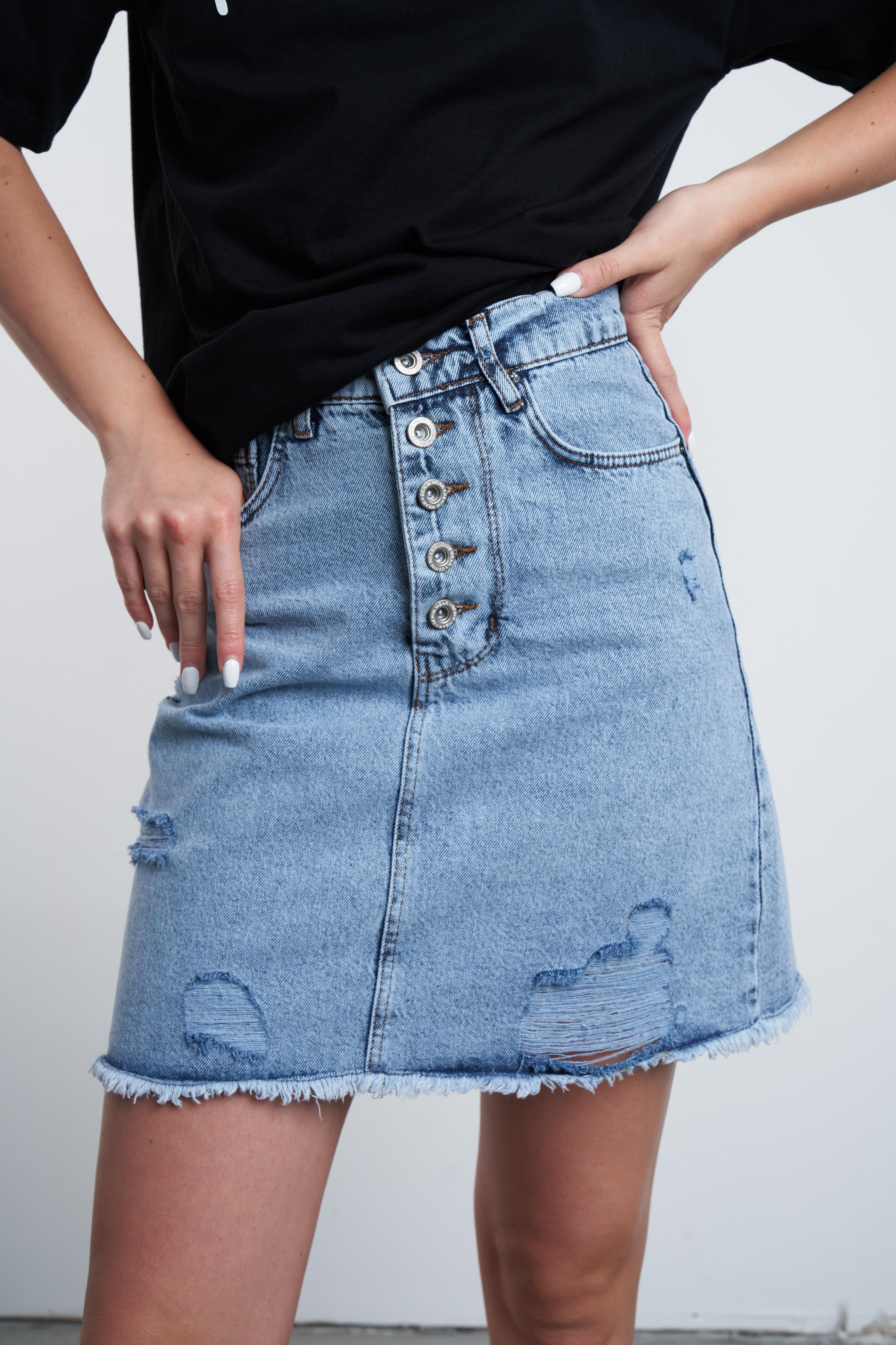 Yırtık Detaylı Mini Jean Etek Mavi