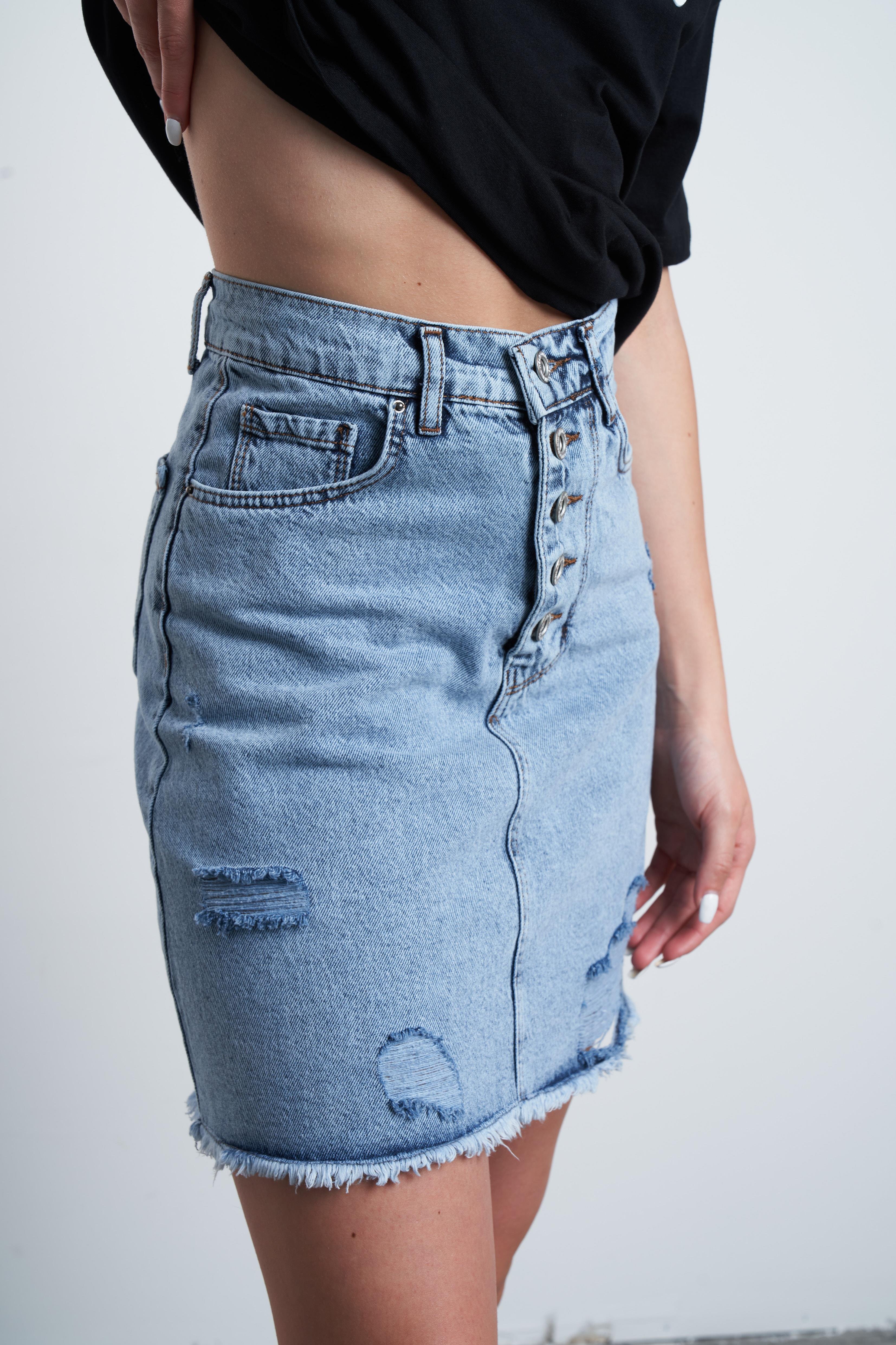 Yırtık Detaylı Mini Jean Etek Mavi