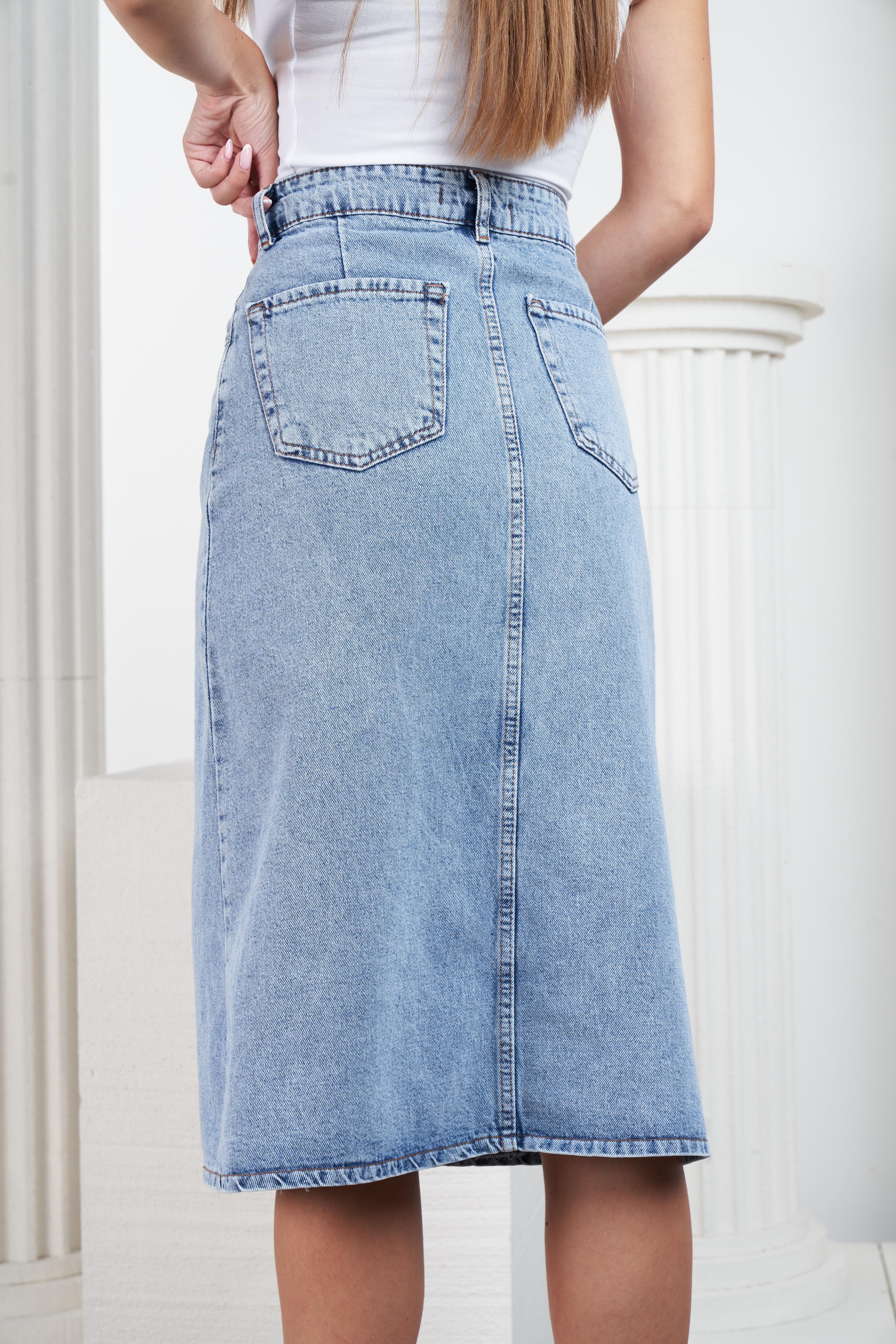 Yırtmaç Detaylı Denim Etek Mavi