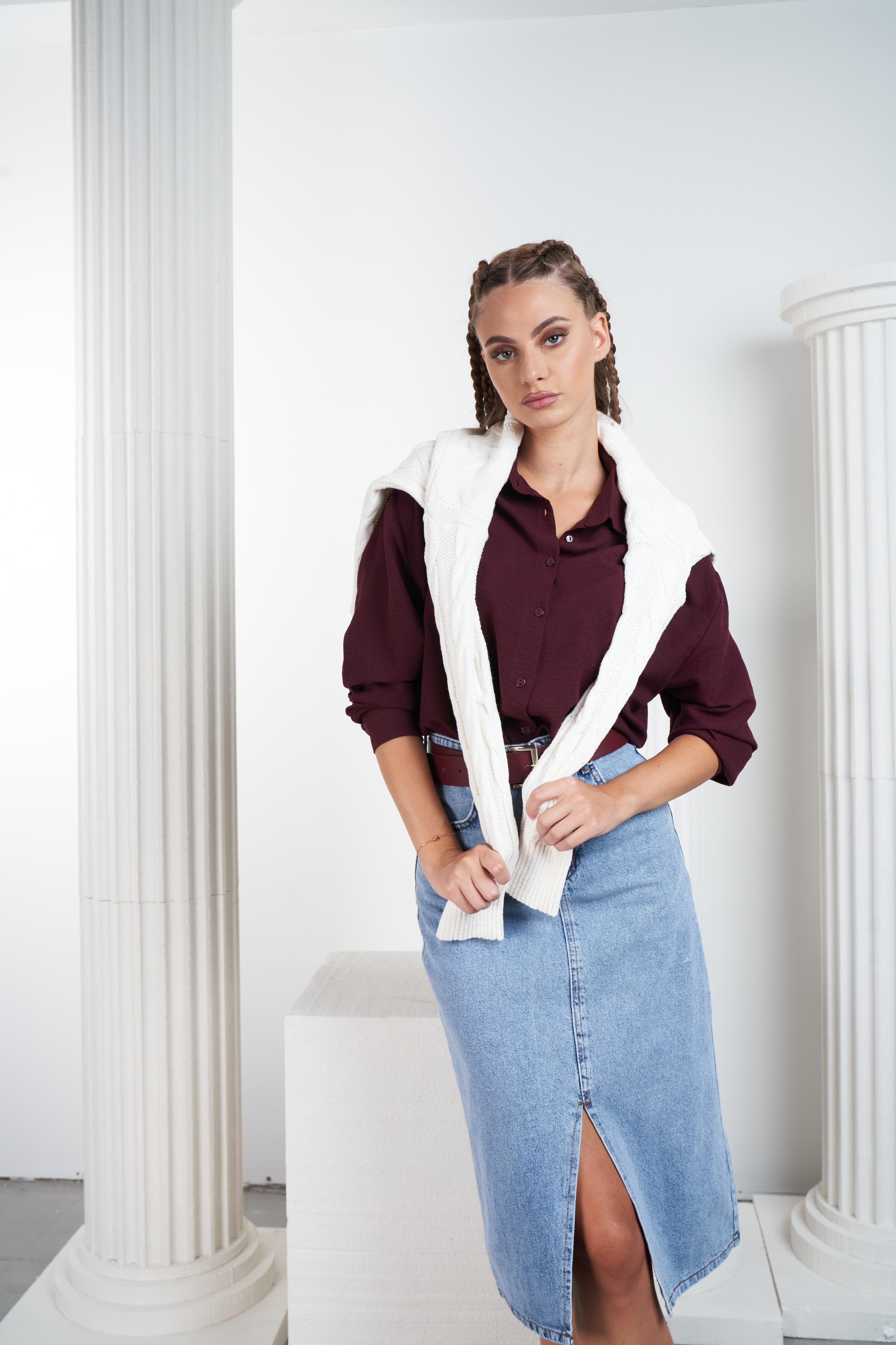 Yırtmaç Detaylı Denim Etek Mavi