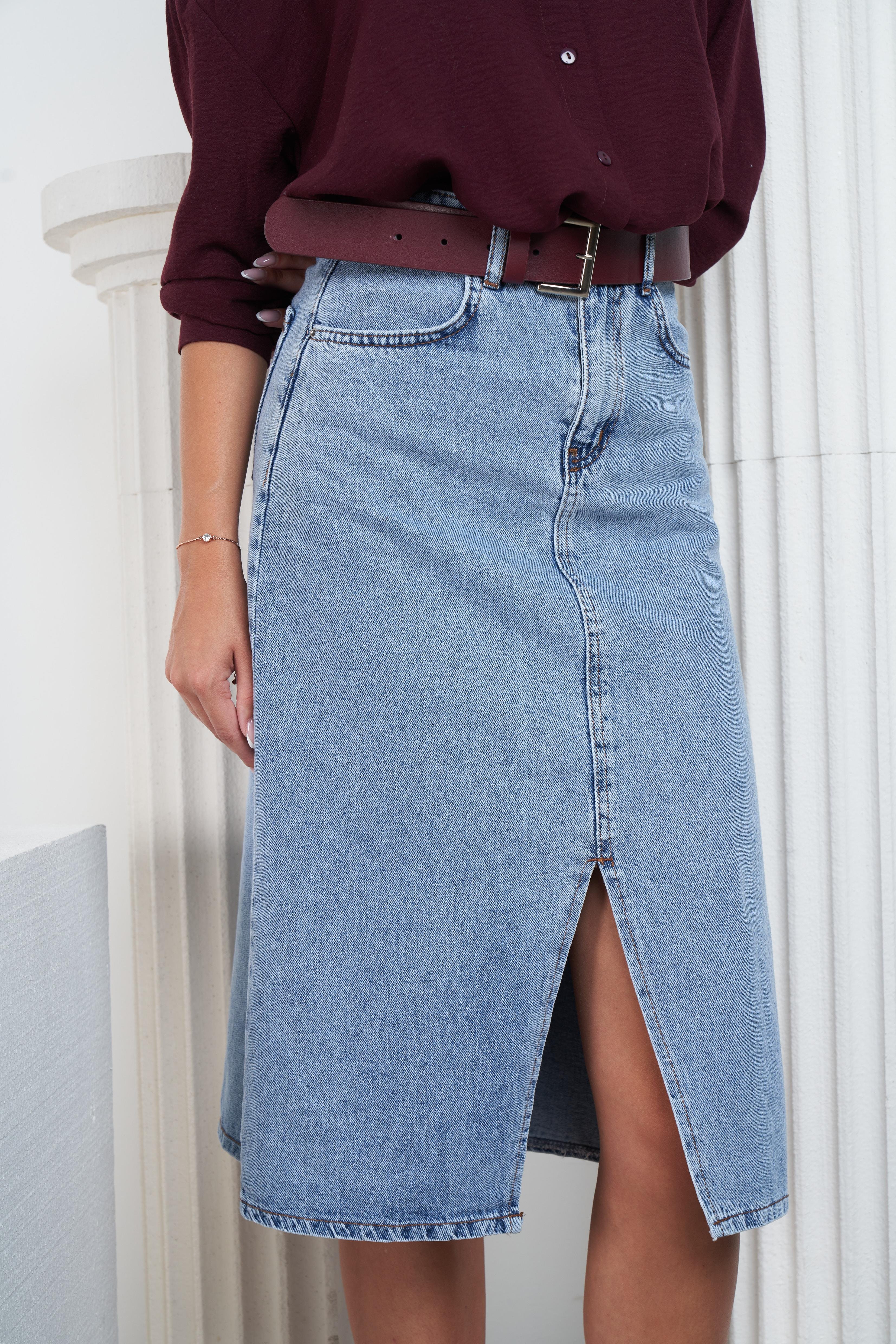 Yırtmaç Detaylı Denim Etek Mavi