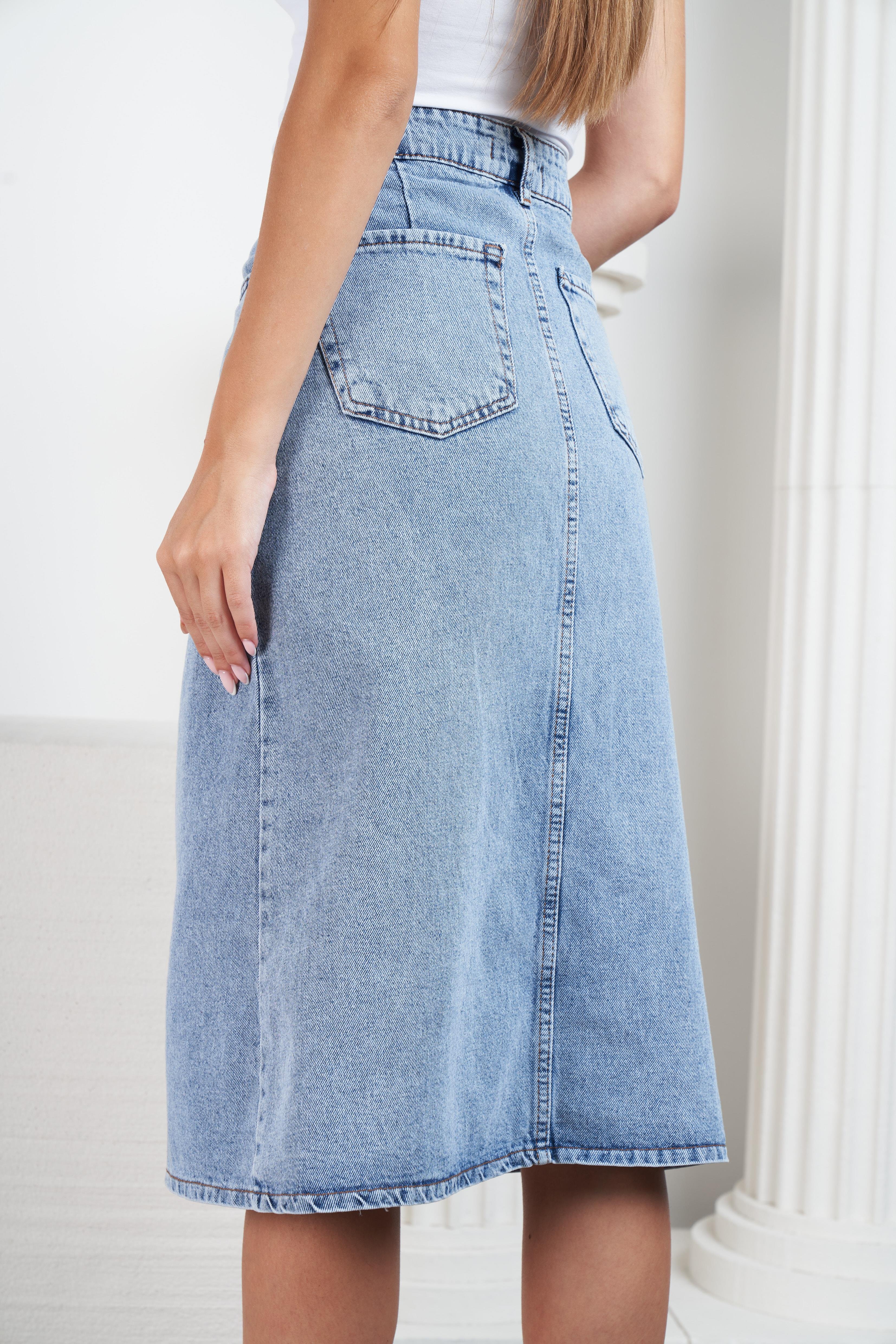 Yırtmaç Detaylı Denim Etek Mavi