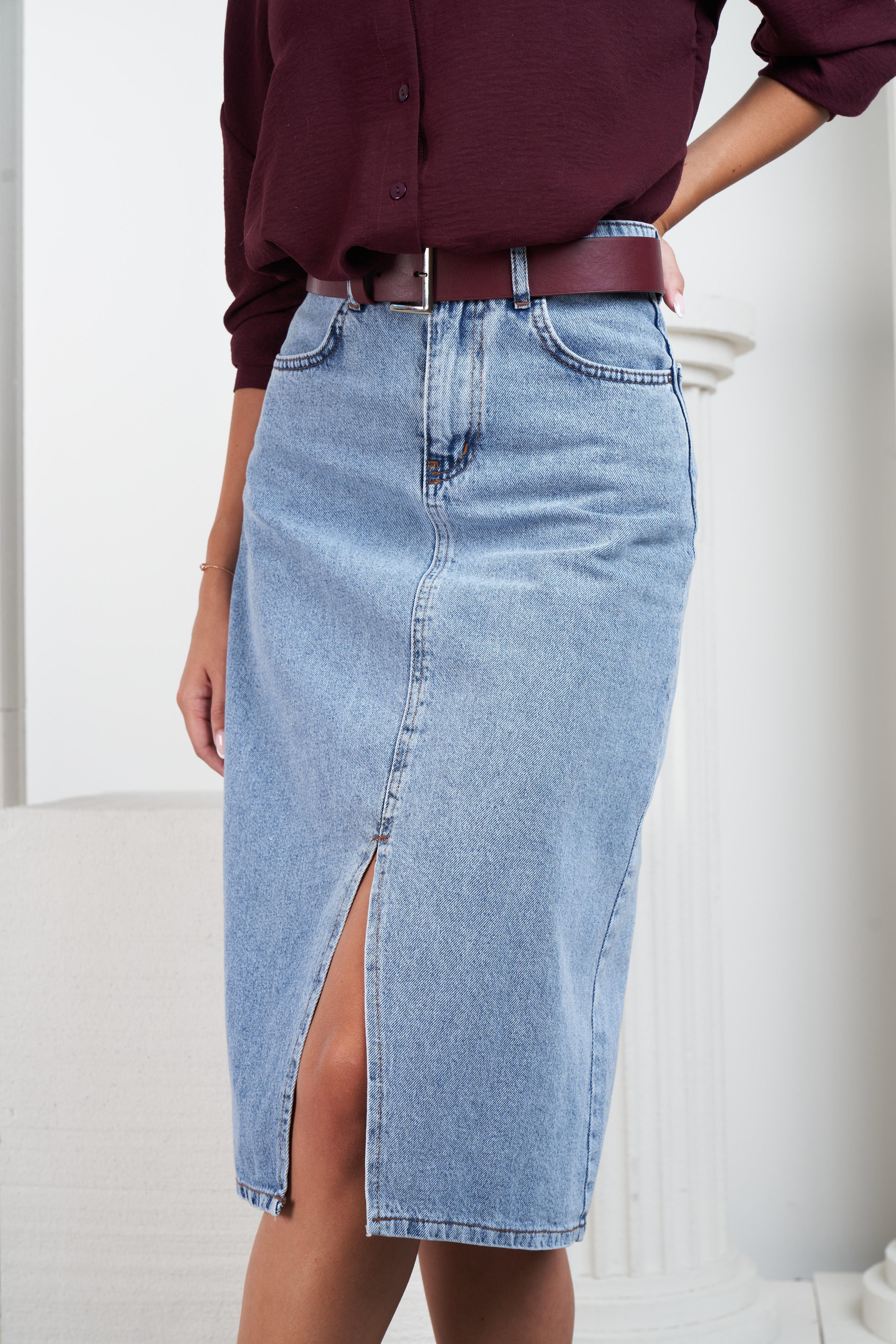 Yırtmaç Detaylı Denim Etek Mavi