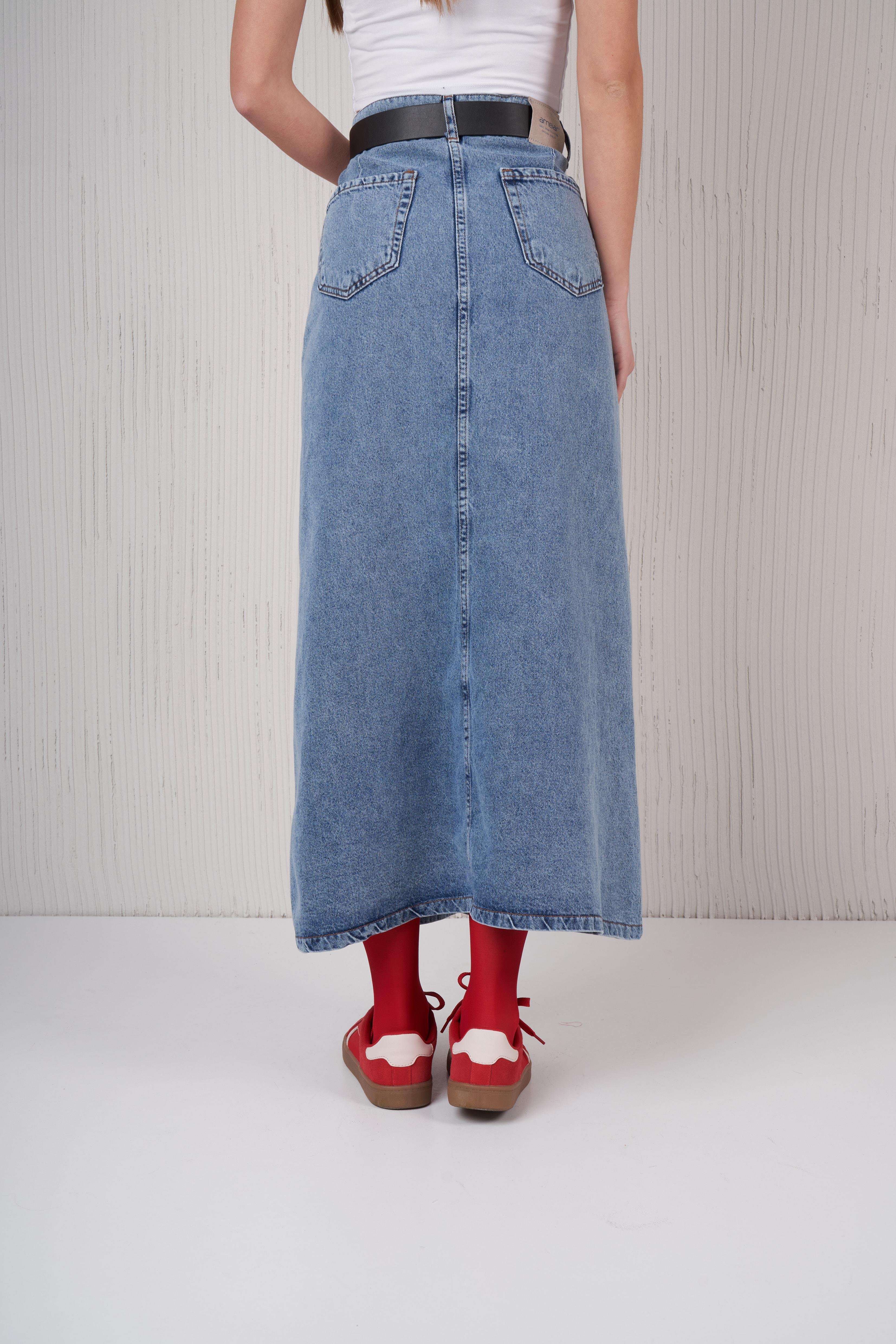 Yırtmaç Detaylı Uzun Denim Etek Mavi