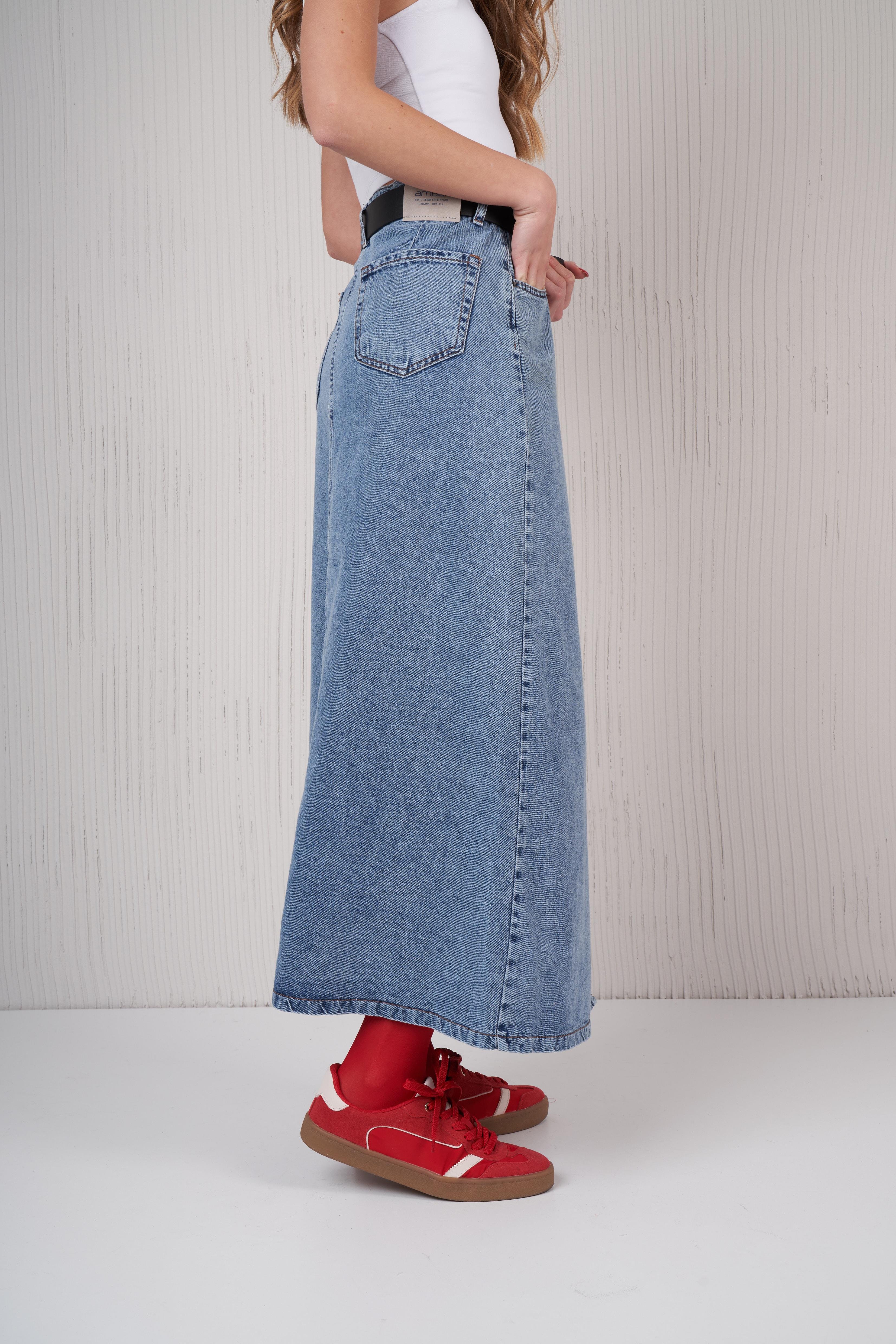 Yırtmaç Detaylı Uzun Denim Etek Mavi
