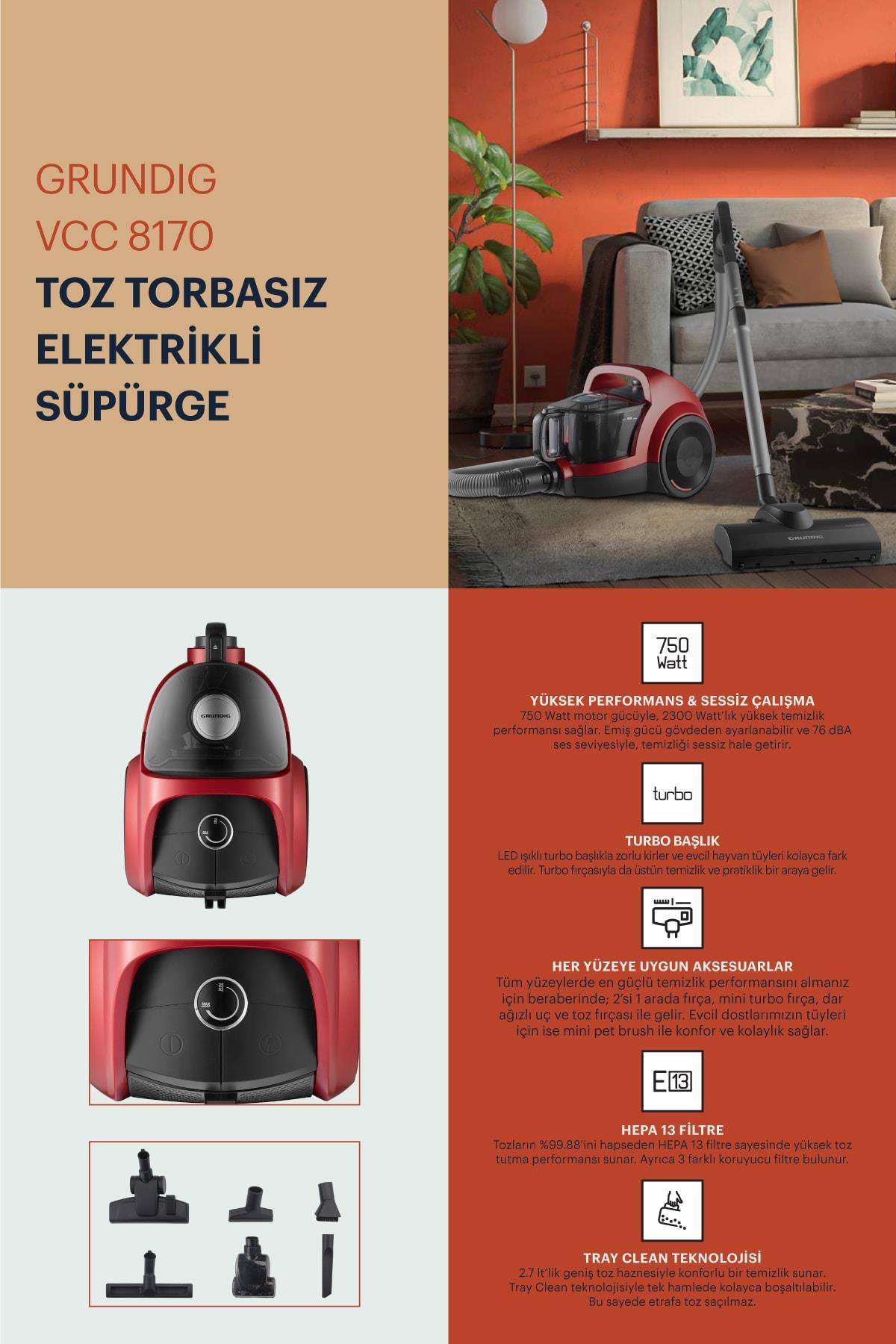 Grundig VCC 8170 750W Turbo Başlıklı Toz Torbasız Süpürge 