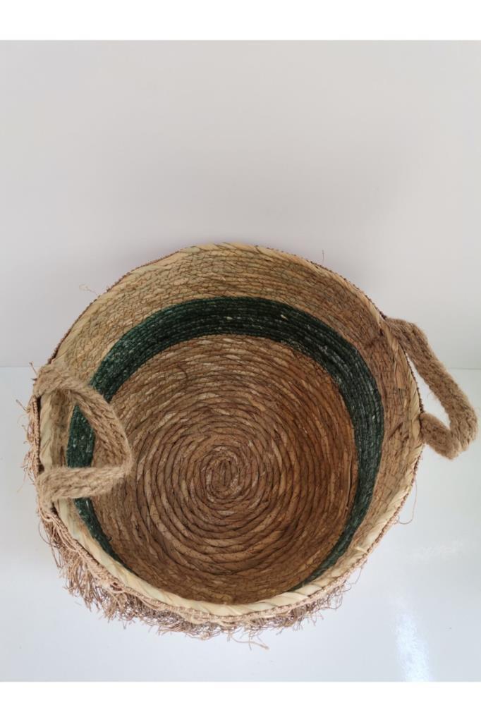 Panalı Naturel Hasır Sepet Püsküllü Yeşil Küçük Pnl-19301 GR S