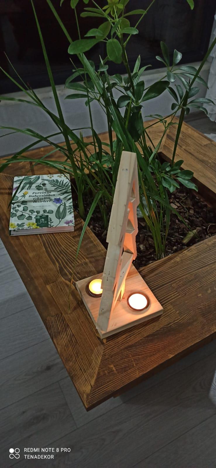 Ev Bahçe DekosayonuTena dekor Dekoratif Ahşap El İşçiliği Çam Ağaci 2 Tealight Mumlukı