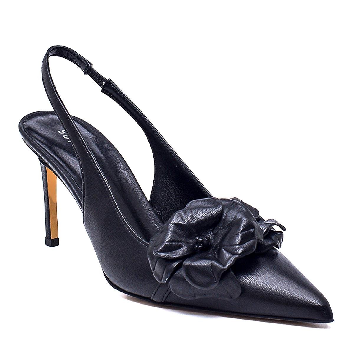 Flora Siyah Deri  Kadın Stiletto & Abiye