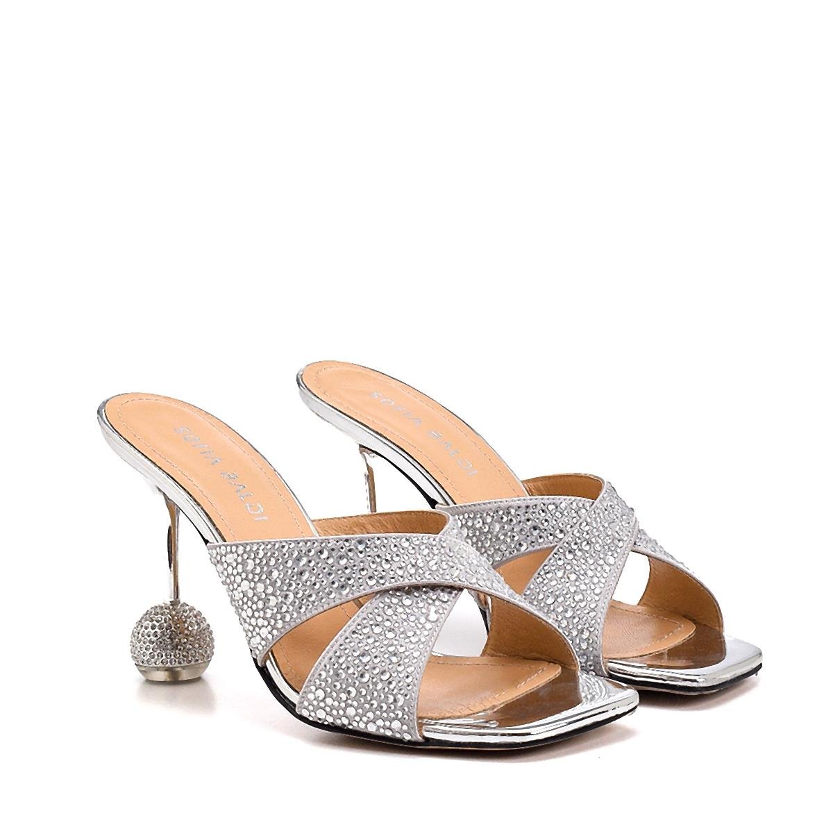 Gunda Gri/gümüş Deri  Kadın Topuklu Terlik