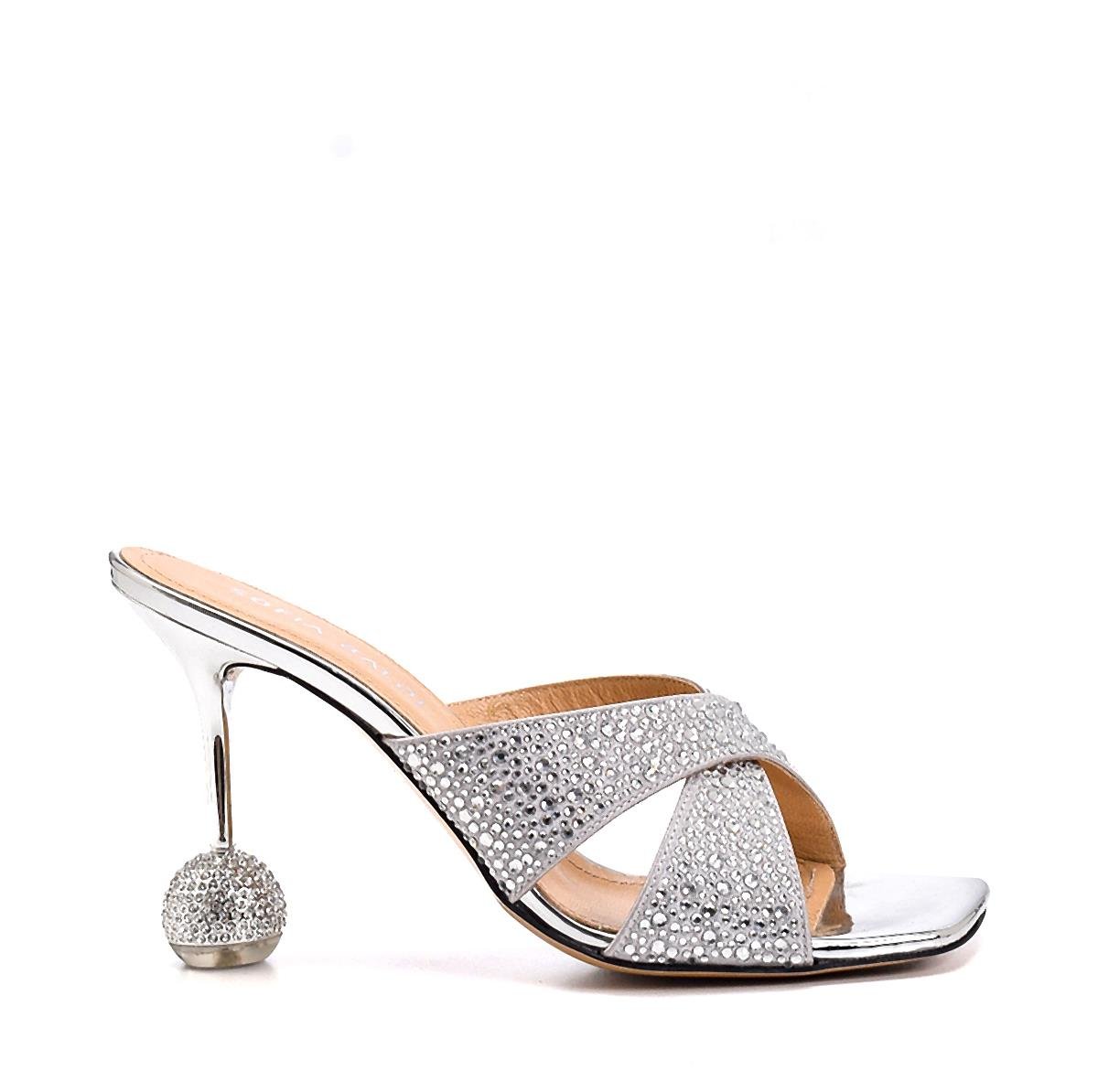 Gunda Gri/gümüş Deri  Kadın Topuklu Terlik