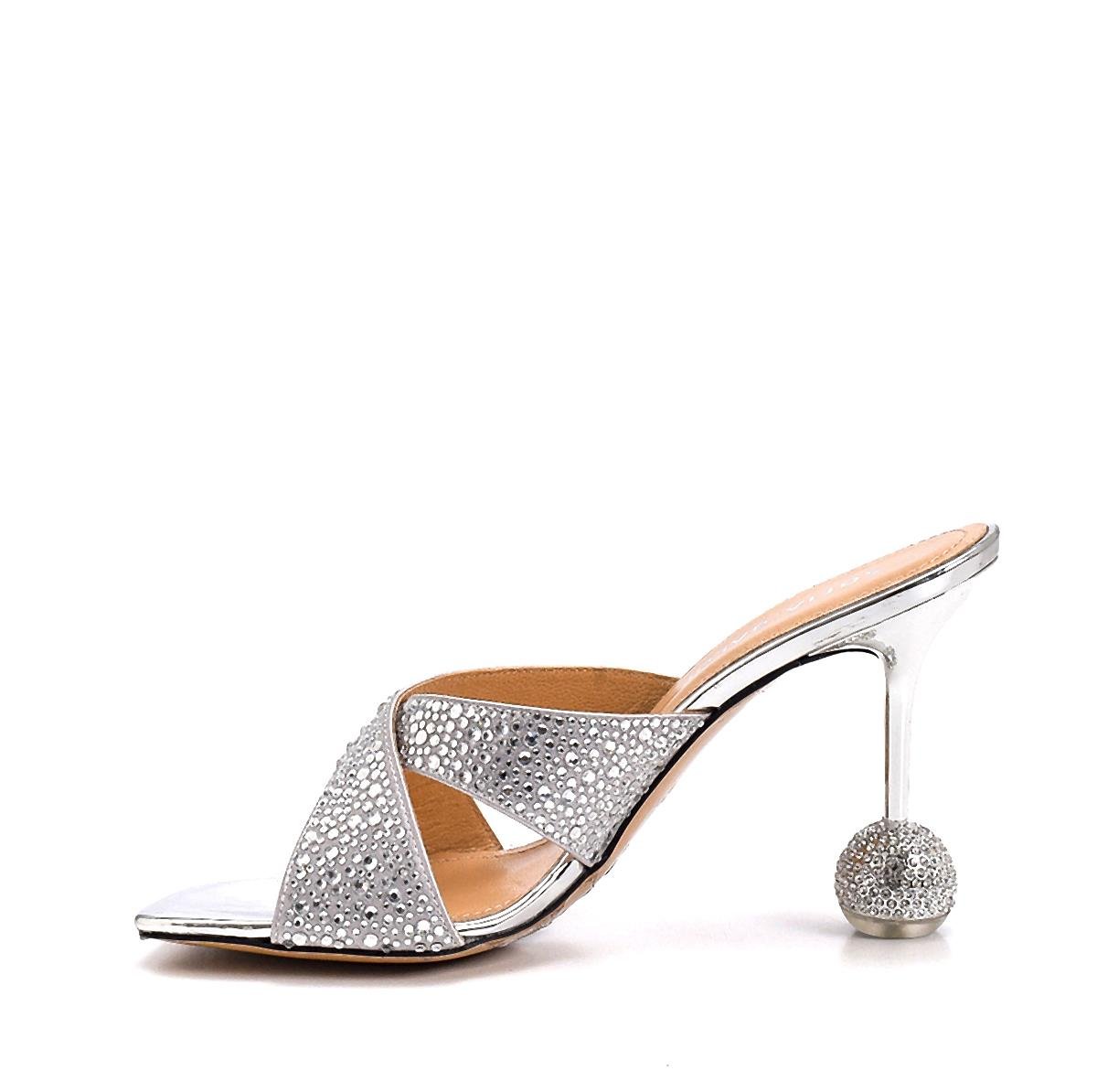 Gunda Gri/gümüş Deri  Kadın Topuklu Terlik