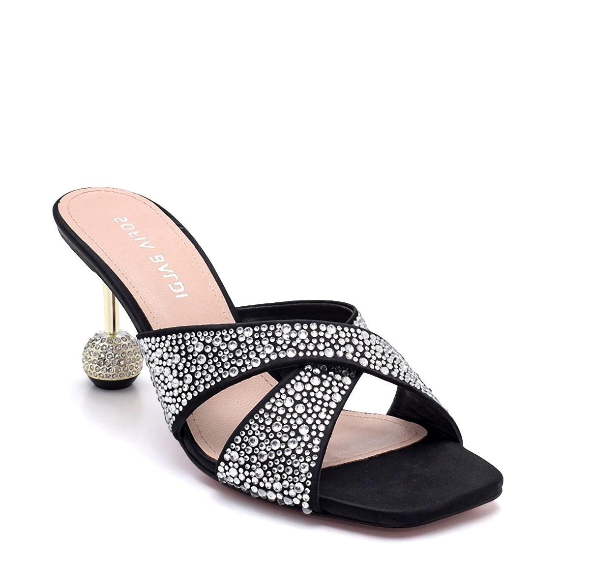 Gunda Siyah/gümüş Saten  Kadın Topuklu Terlik