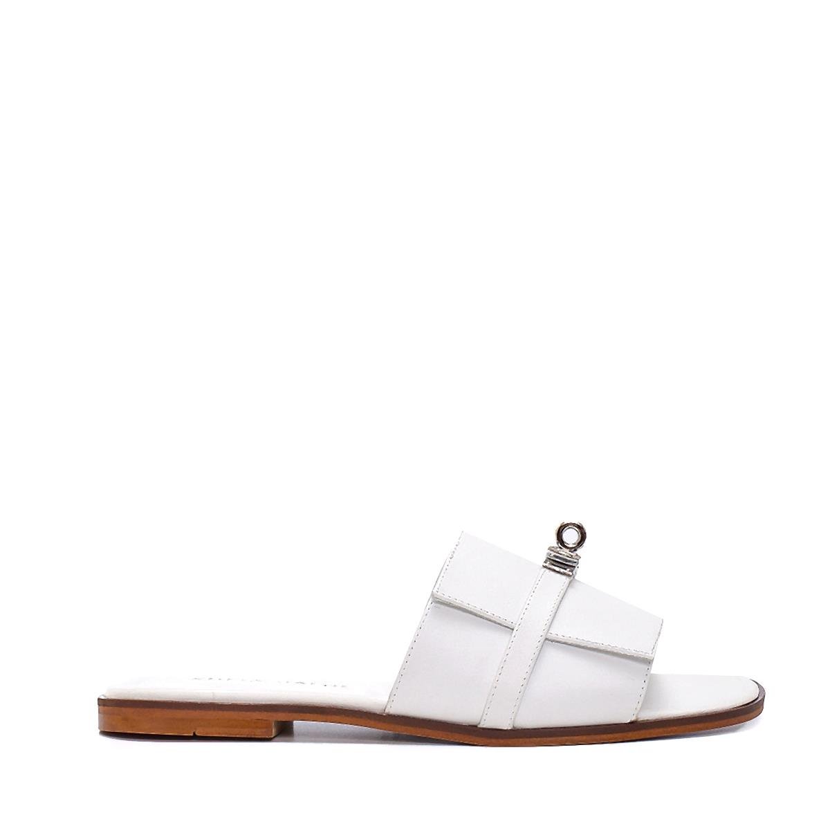 Olega Beyaz Deri  Kadın Düz Terlik