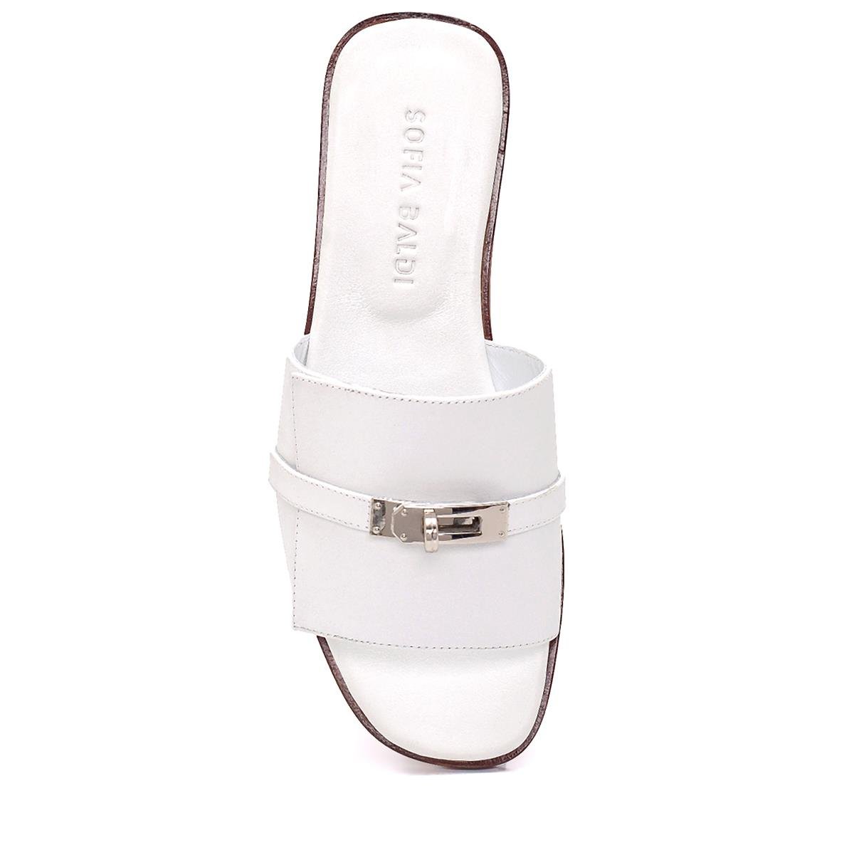 Olega Beyaz Deri  Kadın Düz Terlik