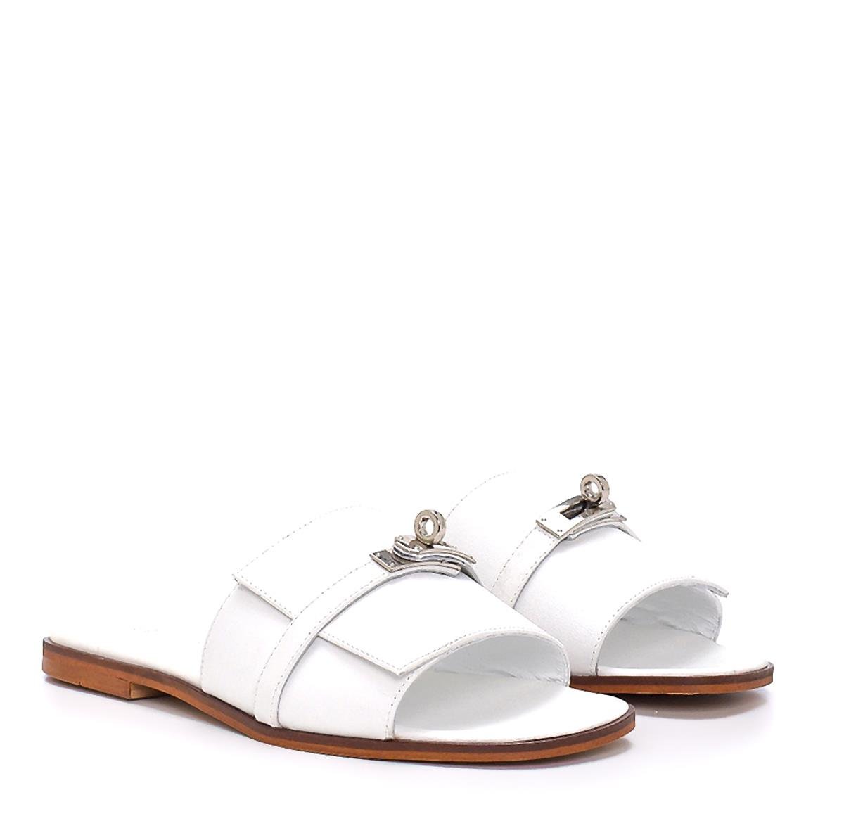 Olega Beyaz Deri  Kadın Düz Terlik