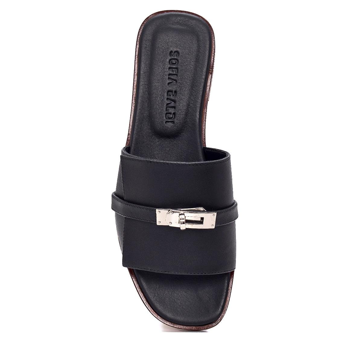 Olega Siyah Deri  Kadın Düz Terlik