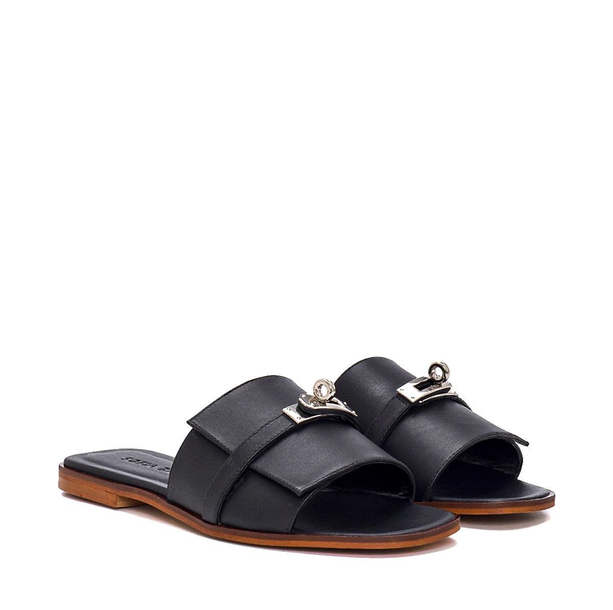 Olega Siyah Deri  Kadın Düz Terlik