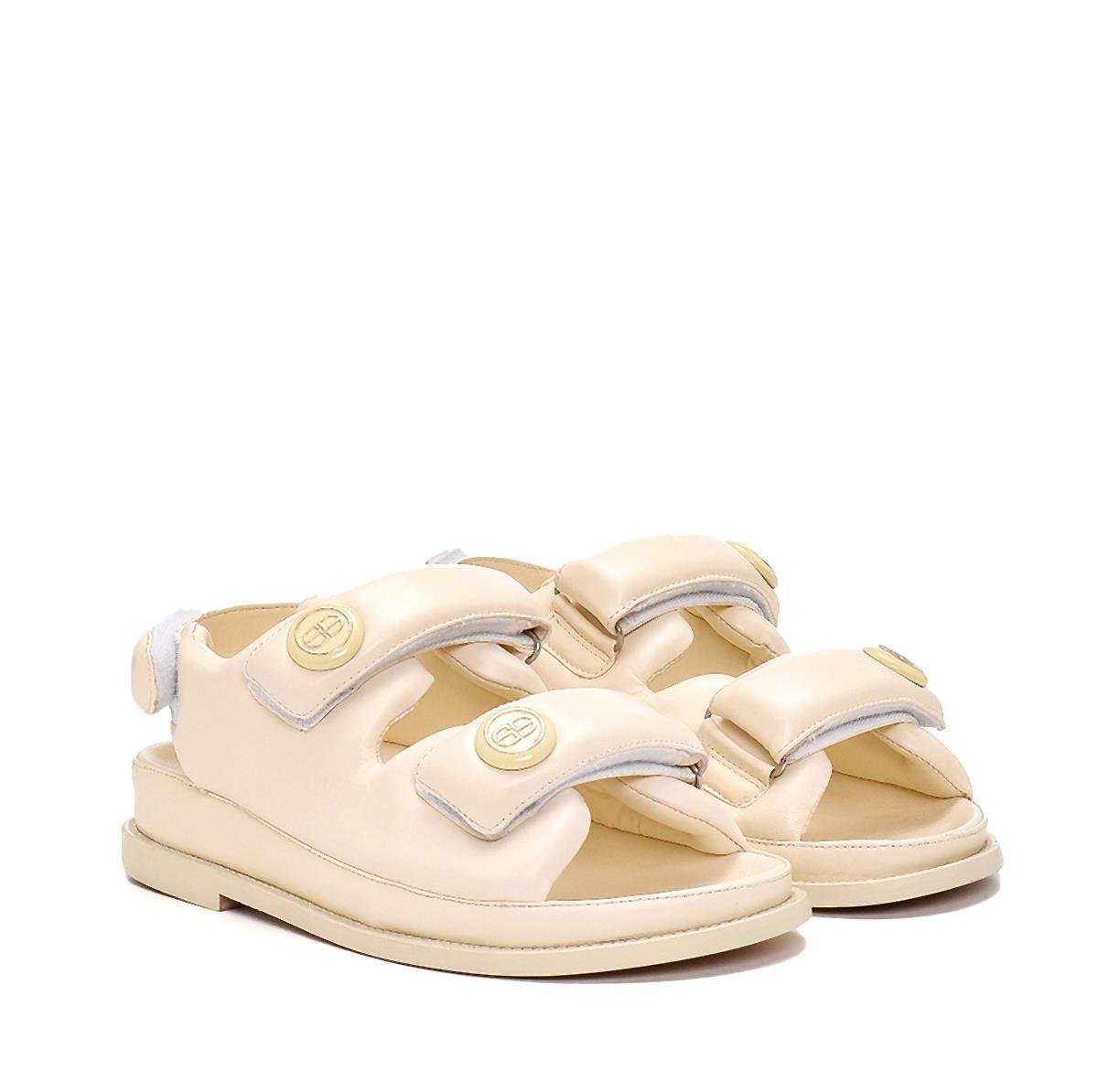 Sanda Beyaz Deri  Kadın Düz Sandalet