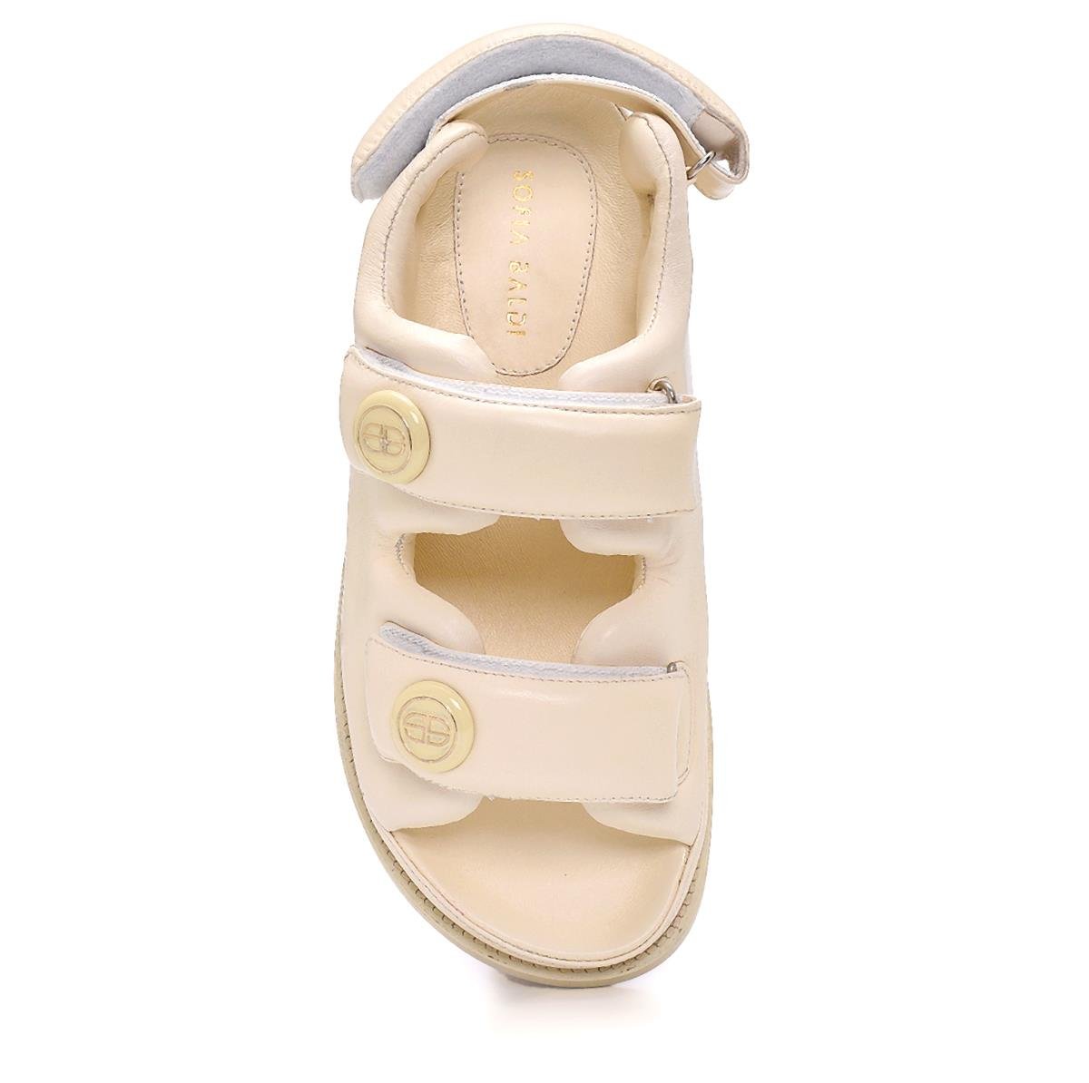 Sanda Beyaz Deri  Kadın Düz Sandalet