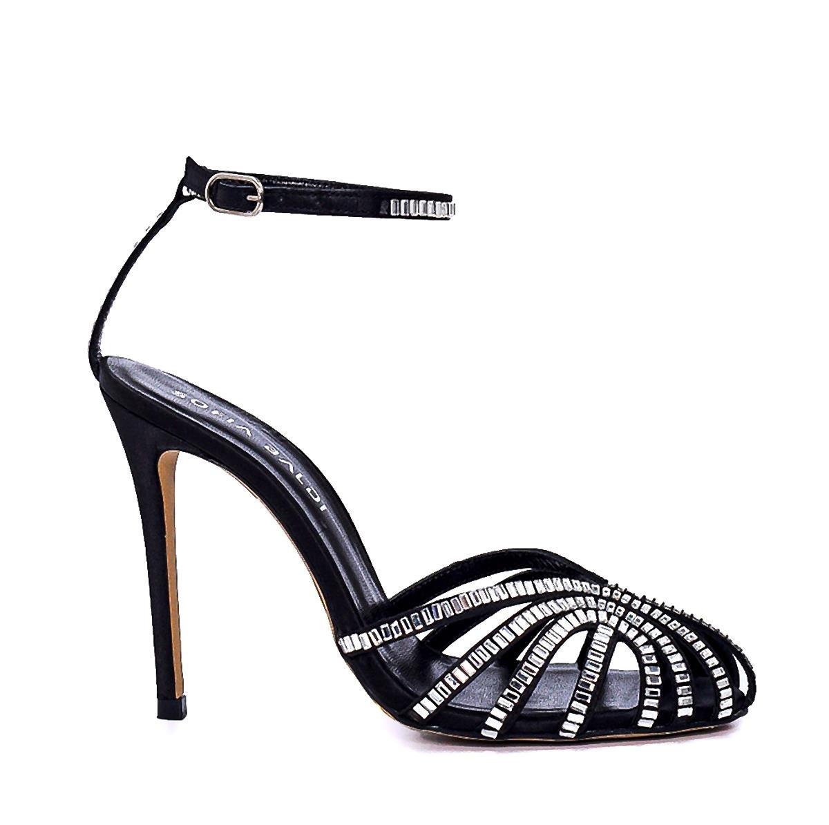 Solev Siyah/gümüş Saten  Kadın Topuklu Sandalet