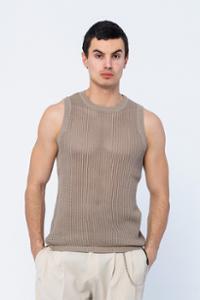 CEKMON Erkek Slim Fit Bisiklet Yaka Kolsuz Ribanalı Geniş Kafes Örgülü File Pamuklu Triko T-Shirt 