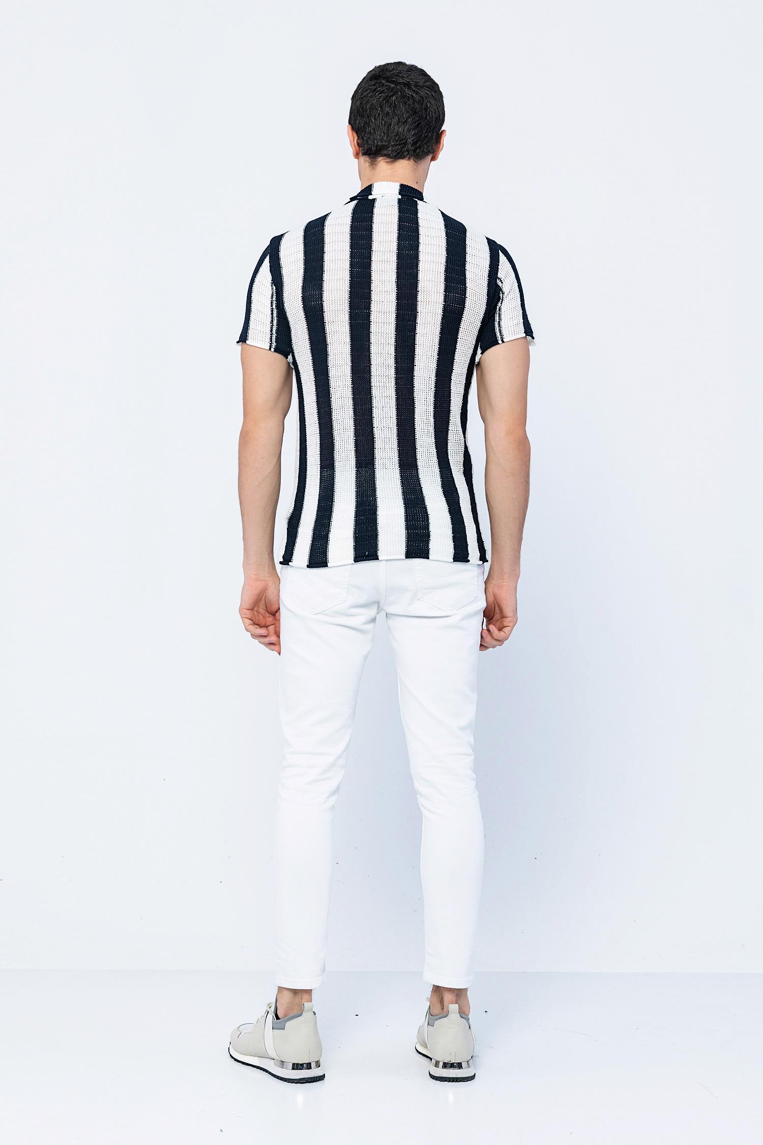 CEKMON Erkek Slim Fit Çizgili Geniş Kafes Örgülü File Kısa Kollu Triko Gömlek 