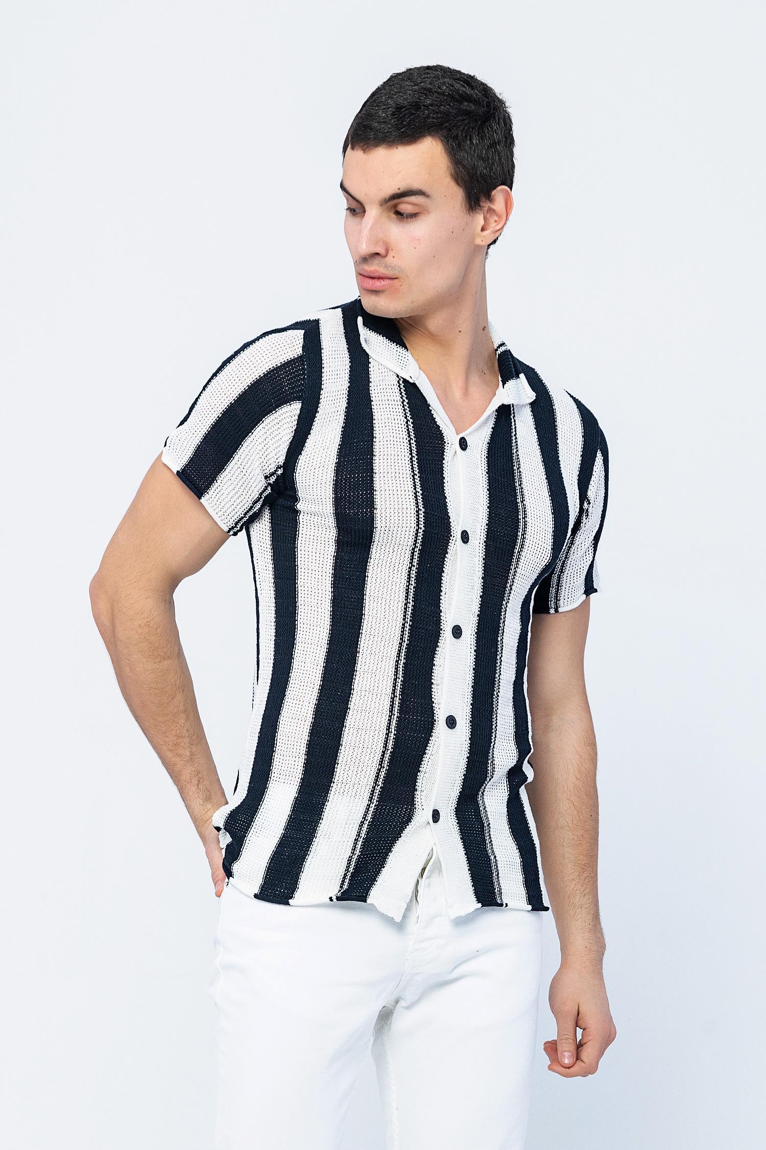 CEKMON Erkek Slim Fit Çizgili Geniş Kafes Örgülü File Kısa Kollu Triko Gömlek 