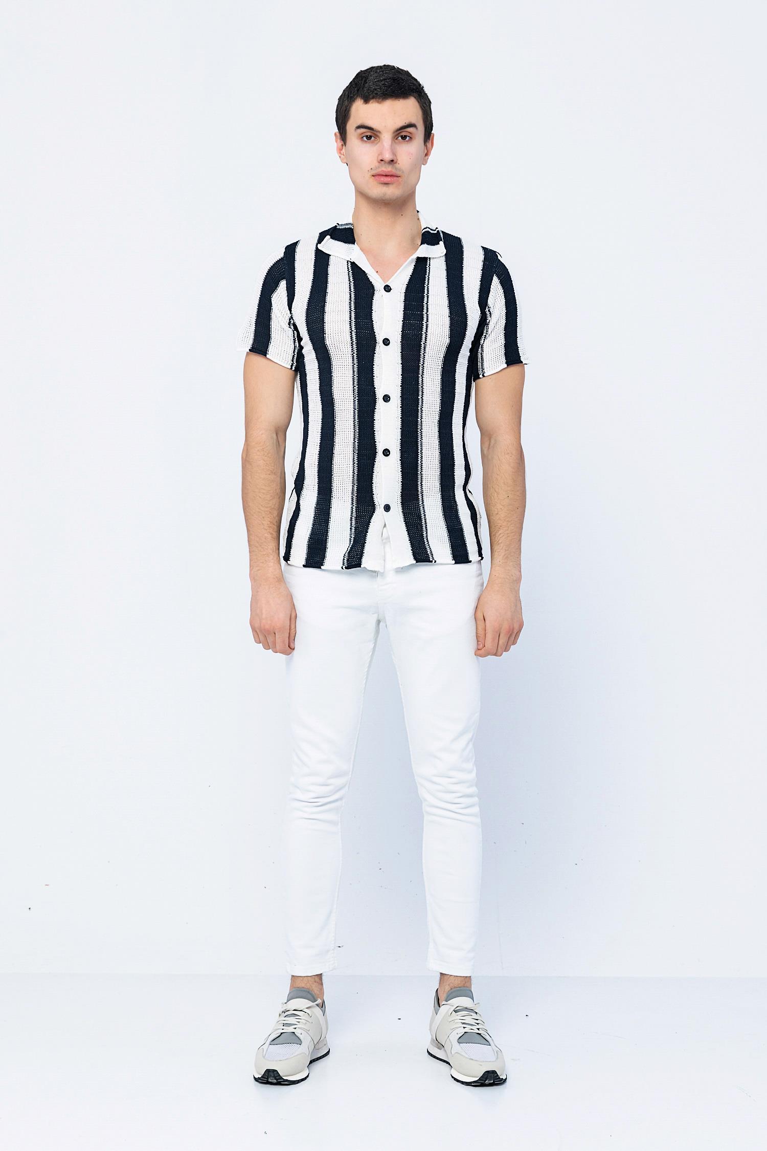 CEKMON Erkek Slim Fit Çizgili Geniş Kafes Örgülü File Kısa Kollu Triko Gömlek 