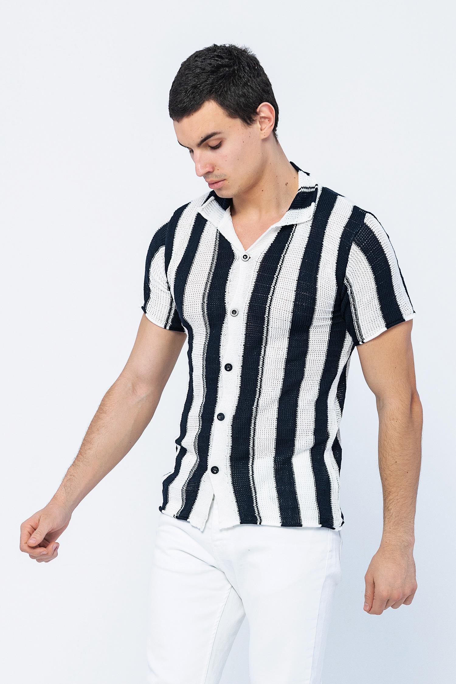 CEKMON Erkek Slim Fit Çizgili Geniş Kafes Örgülü File Kısa Kollu Triko Gömlek 