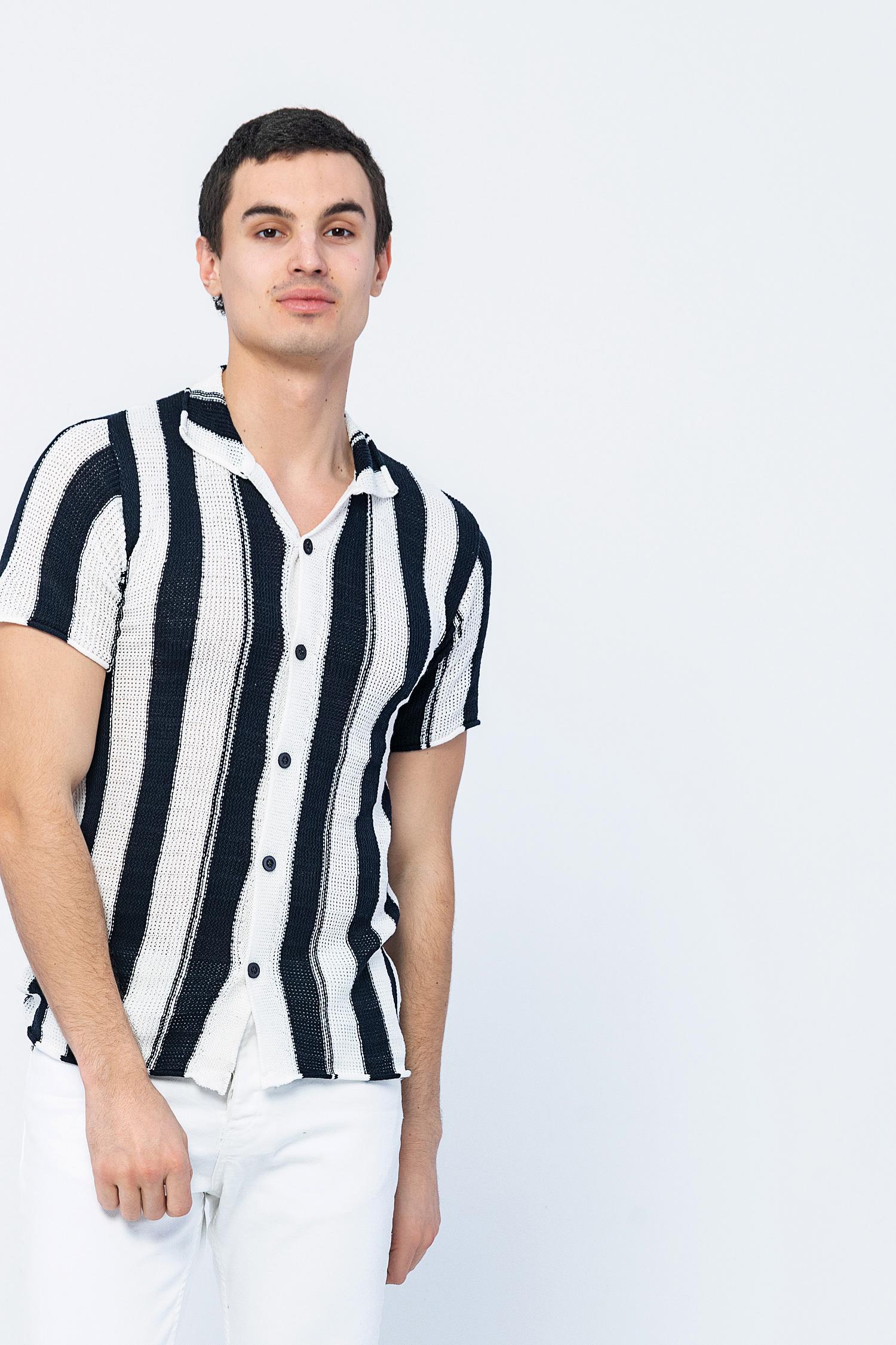 CEKMON Erkek Slim Fit Çizgili Geniş Kafes Örgülü File Kısa Kollu Triko Gömlek 