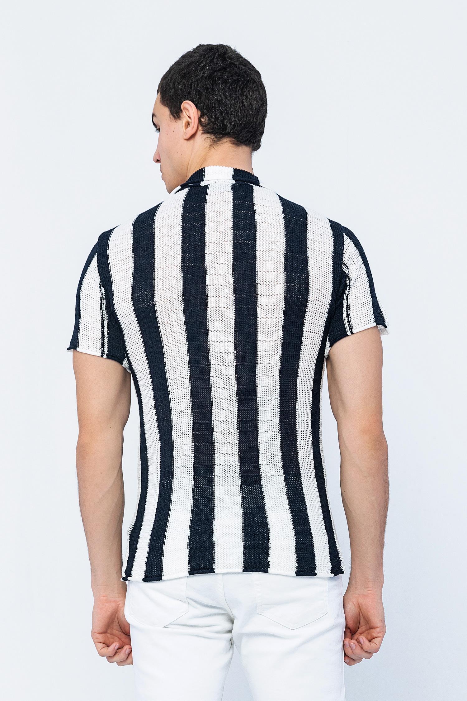 CEKMON Erkek Slim Fit Çizgili Geniş Kafes Örgülü File Kısa Kollu Triko Gömlek 