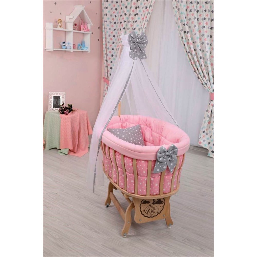 PEMBE YILDIZ UYKU SETLİ DOĞAL AHŞAP SEPET BEŞİK 