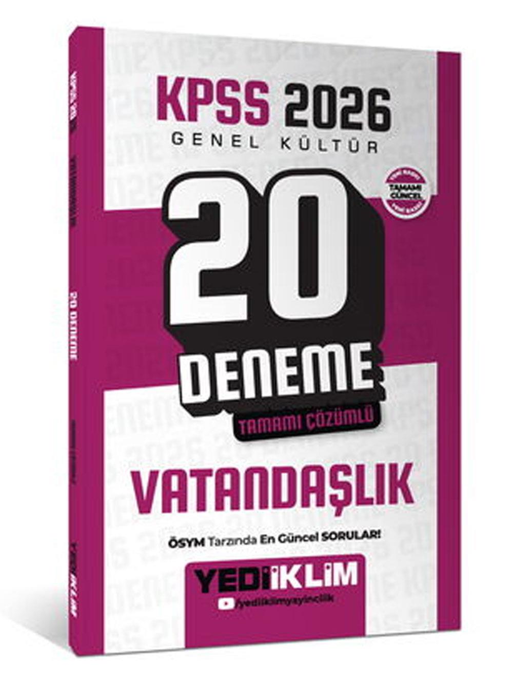 Yediiklim Yayınları KPSS 2026 Genel Kültür Vatandaşlık Tamamı Çözümlü 20 Deneme