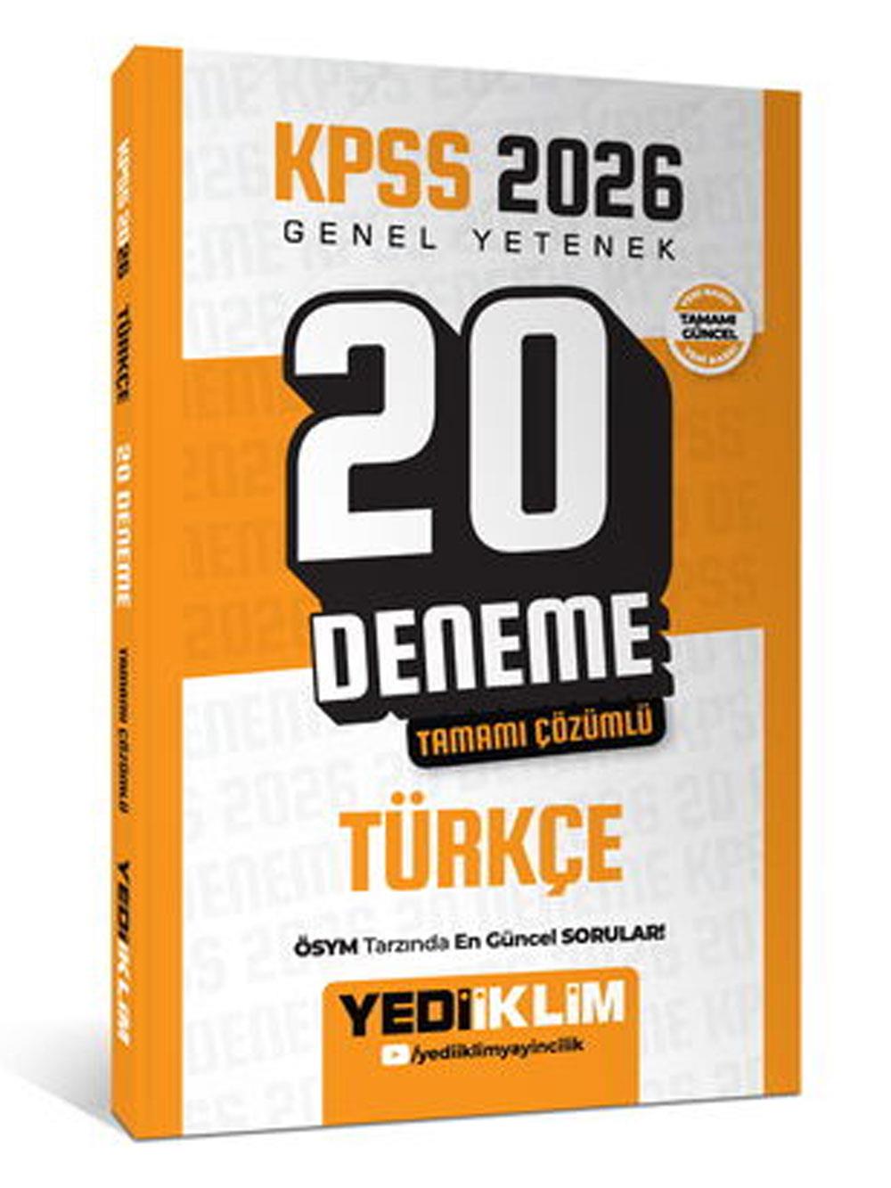 Yediiklim Yayınları KPSS 2026 Genel Yetenek Türkçe Tamamı Çözümlü 20 Deneme