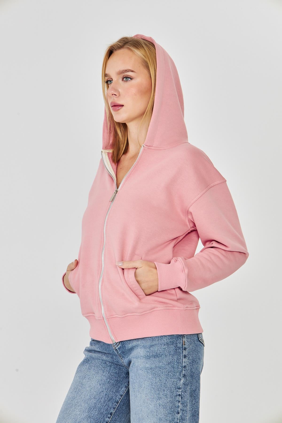 Kadın Tam Fermuarlı Kapüşonlu Pamuklu Eşofman Üstü Pembe 9508-P