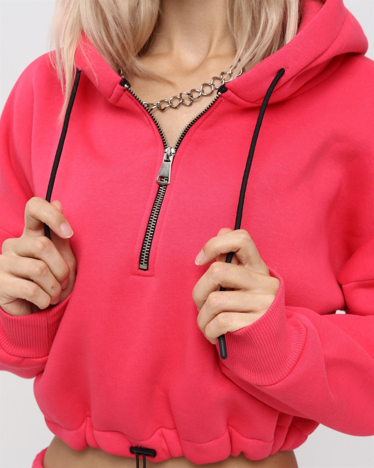 Yarım Fermuarlı Kapüşonlu Crop Sweatshirt 5502C