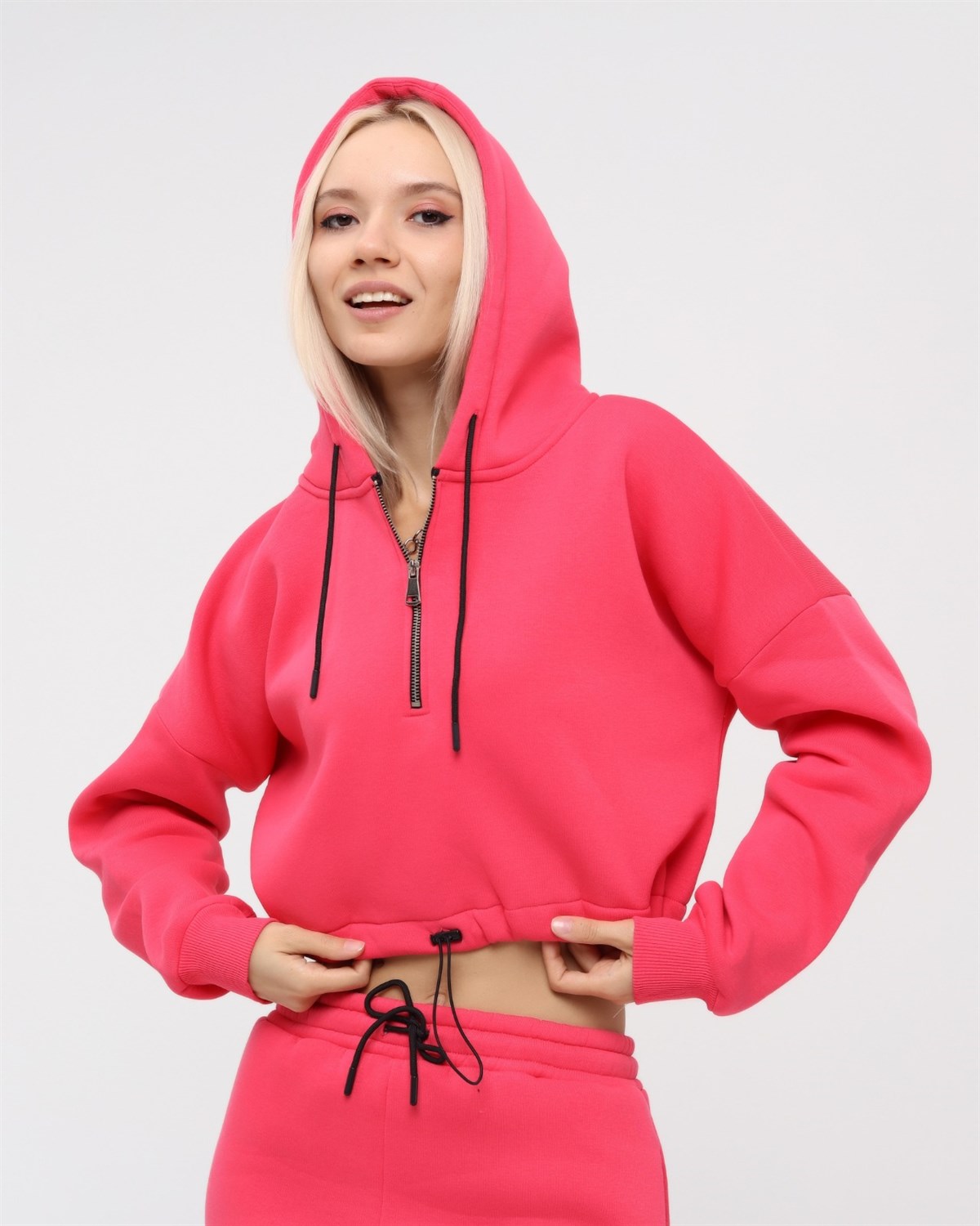 Yarım Fermuarlı Kapüşonlu Crop Sweatshirt 5502C